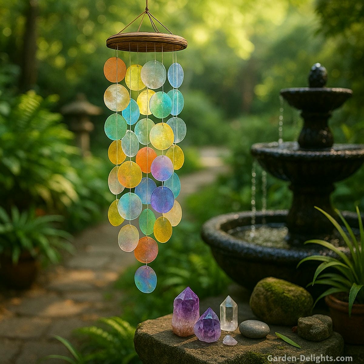 Capiz wind chimes with translucent rainbow shells swaying beside a Zen garden fountain, surrounded by greenery, crystals, and meditation decor for emotional healing and Feng Shui energy balance