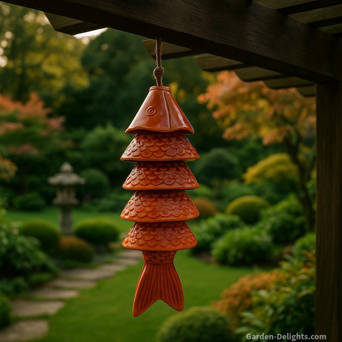 Rusty orange ceramic fish wind chime hanging from a wooden pergola in a Zen garden symbolizing flow, transformation, and Feng Shui harmony among lush plants, stone paths, and peaceful outdoor energy