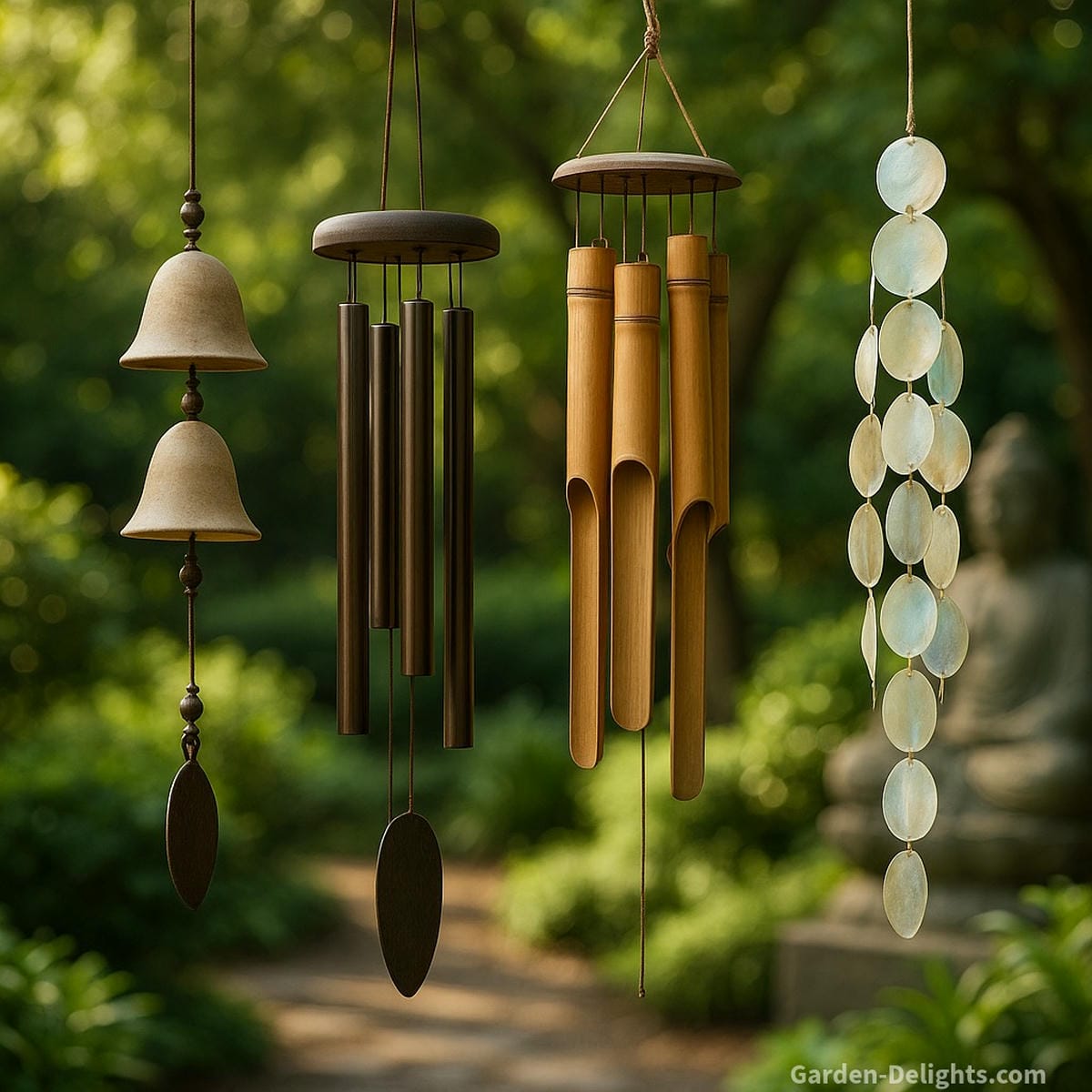 Ceramic, metal, bamboo, and Capiz wind chimes hanging together in a symbolic garden setting each representing healing sound, spiritual intention, Feng Shui balance, and emotional calm