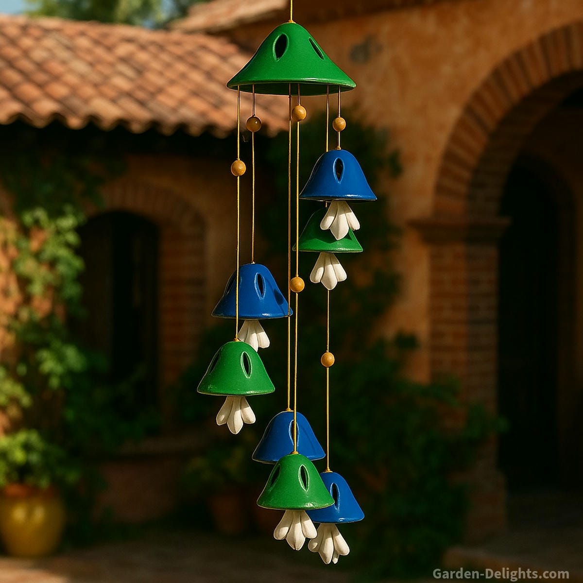 ceramic wind chimes in patio airflow creating soft earthy tone