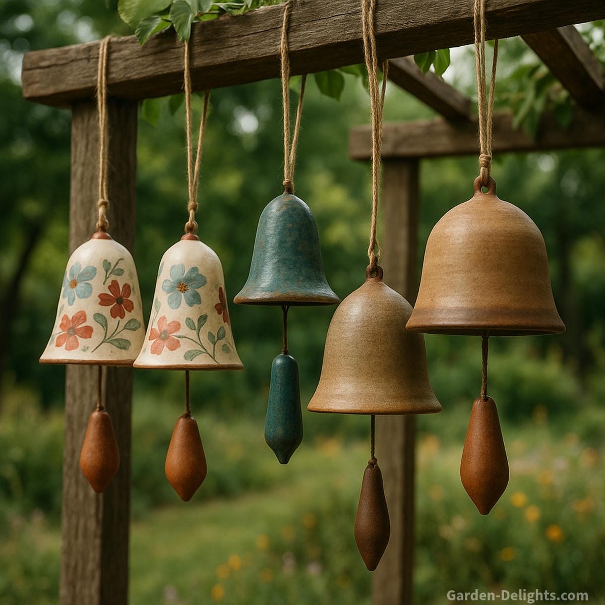 Various ceramic wind chimes displayed in budget tiers painted indoor chimes, glazed garden bells, and large artisan-crafted stoneware chimes hanging by a wooden trellis