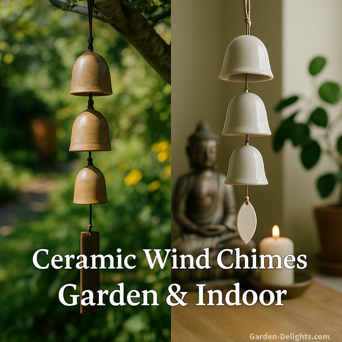 Indoor and outdoor ceramic wind chimes hanging near garden and altar spaces showing glazed stoneware chimes for weatherproof patios and porcelain wind chimes for indoor healing, meditation, and spiritual symbolism