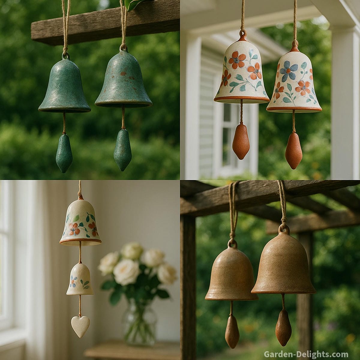 Four types of ceramic wind chimes hanging in different settings glazed garden chimes, colorful porch chimes, delicate indoor memorial chimes, and rustic handmade patio chimes symbolizing emotional tone, weather strength, and gift meaning