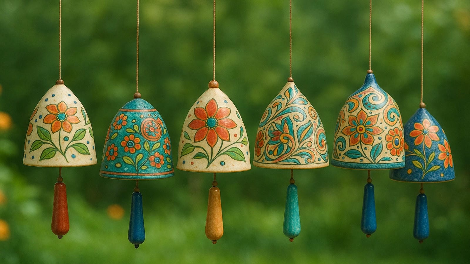 Handcrafted ceramic wind chimes with vibrant glazed colors, floral artwork, and artistic detail swaying in a lush garden to create soothing melodic sounds, Feng Shui balance, and elegant outdoor décor