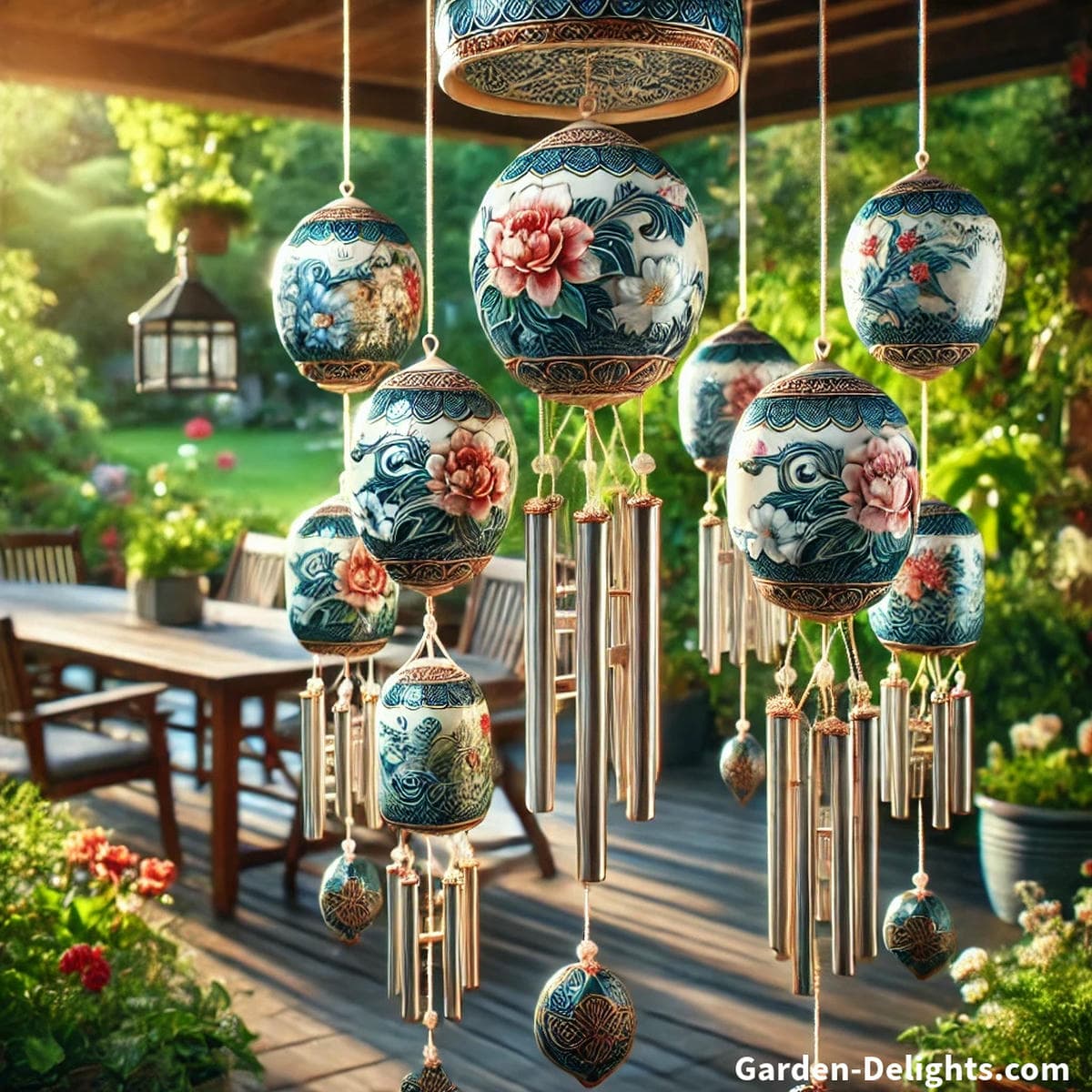 Colorful ceramic wind chimes with hand-painted patterns swaying in a garden breeze, symbolizing harmony, protection, and earth element energy.