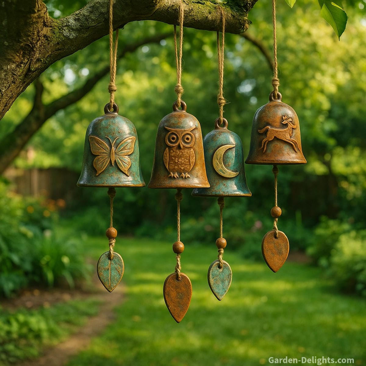 ceramic wind chimes in garden with gentle motion and calm tone