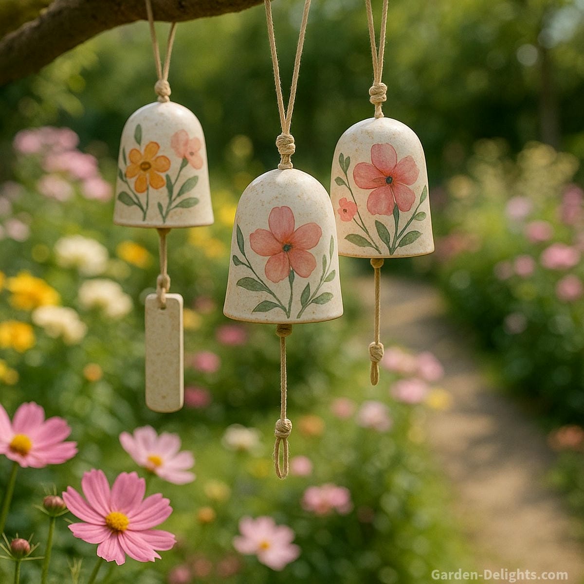 Painted ceramic wind chimes hanging in a peaceful sanctuary garden with blooming flowers and soft breeze representing artistic decor, memorial energy, and calming outdoor sound