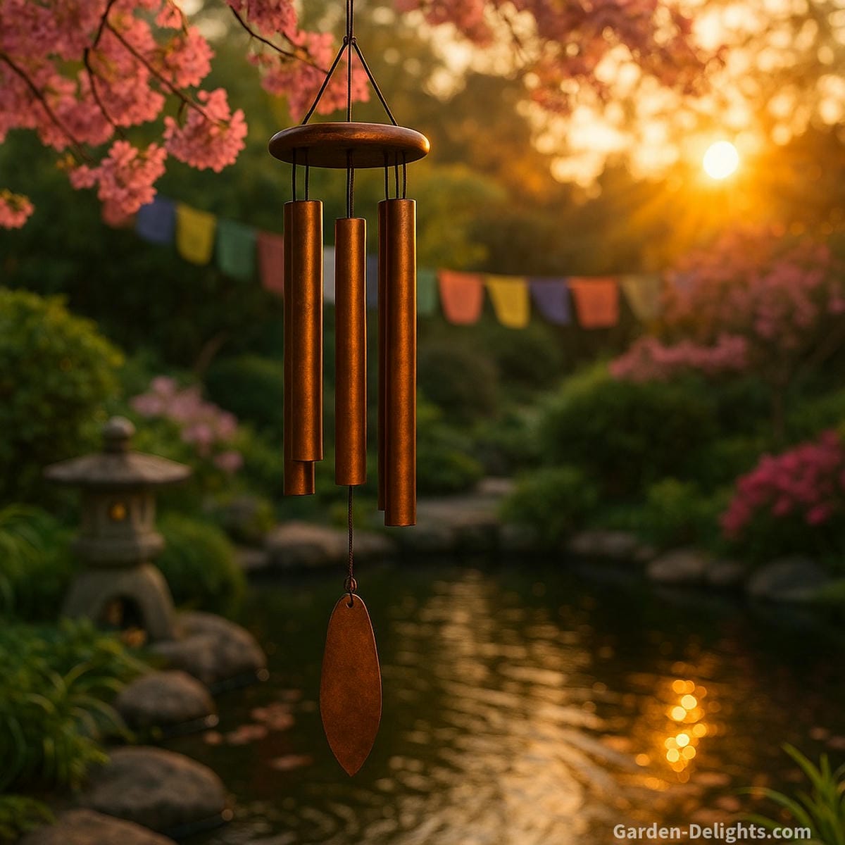 Symbolic copper wind chime in a tranquil Japanese meditation garden at golden hour, placed for Feng Shui wealth and harmony near a koi pond and cherry blossoms