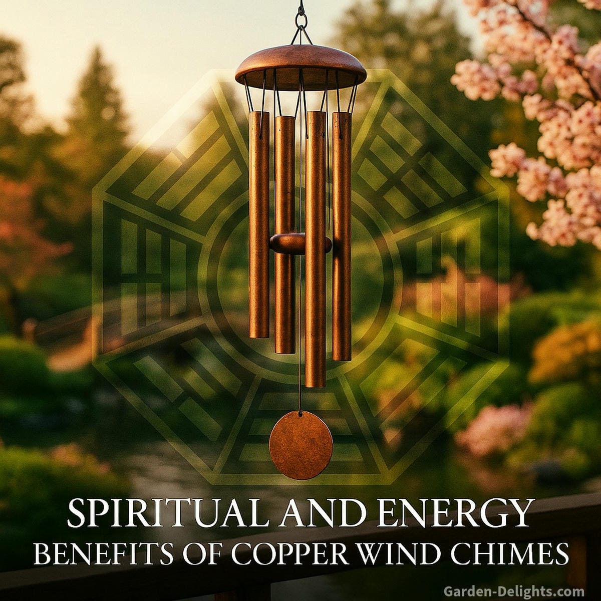 Copper wind chime in a tranquil garden with a golden Feng Shui Bagua map overlay, surrounded by cherry blossoms, koi pond, and lush greenery to symbolize wealth, harmony, and positive chi