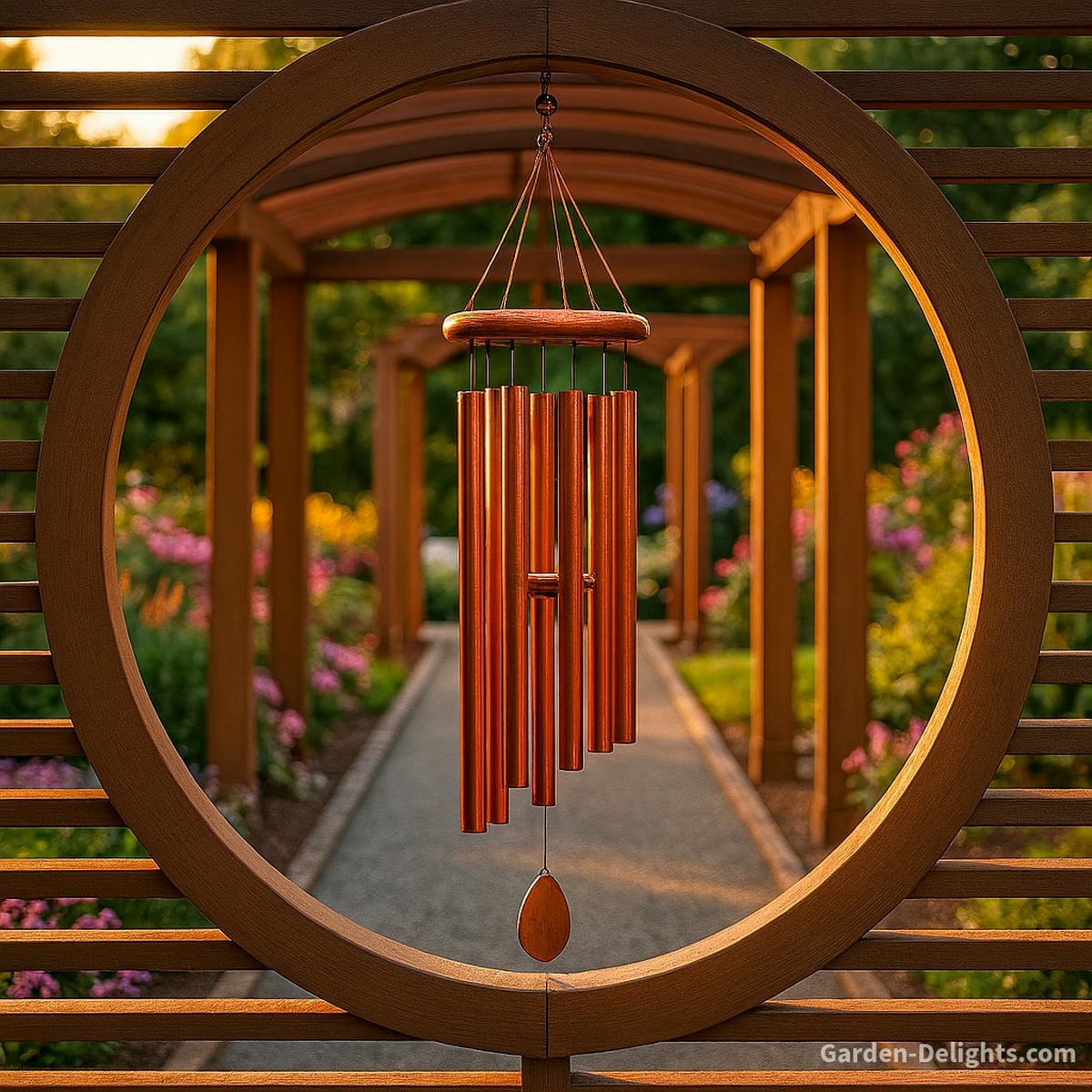 Handcrafted copper wind chimes hanging inside a circular wooden pergola gateway, overlooking a Feng Shui-inspired garden path with blooming flowers and distant pergolas symbolizing harmony, meditation, and positive Chi flow