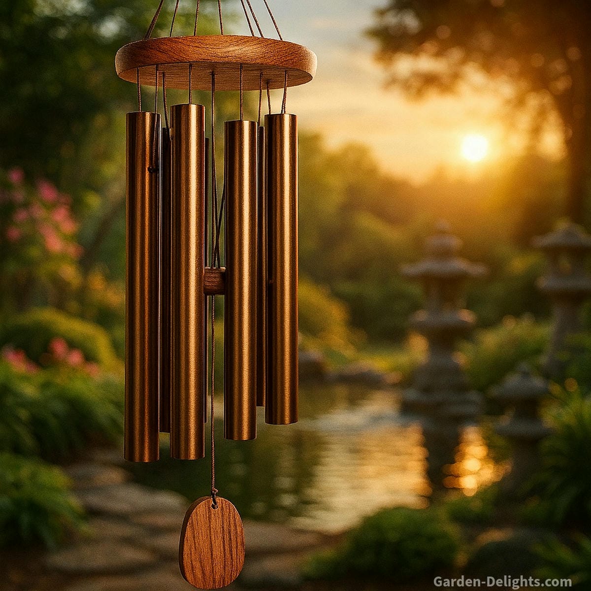 copper wind chimes in garden airflow producing deep grounding tone