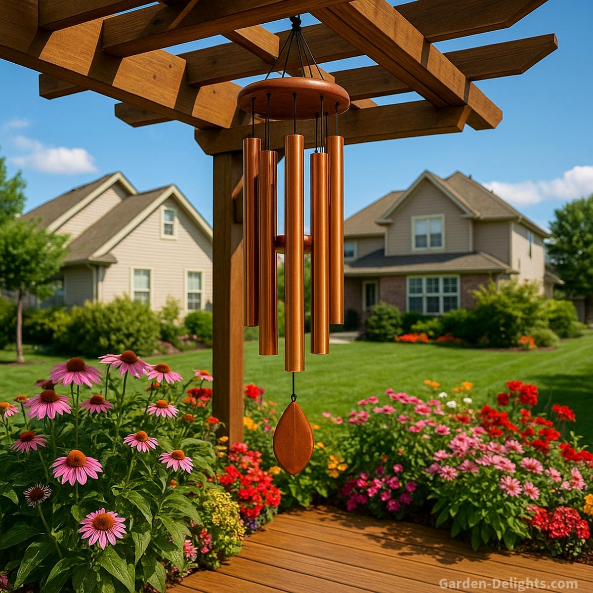 copper wind chimes placed in pergola airflow