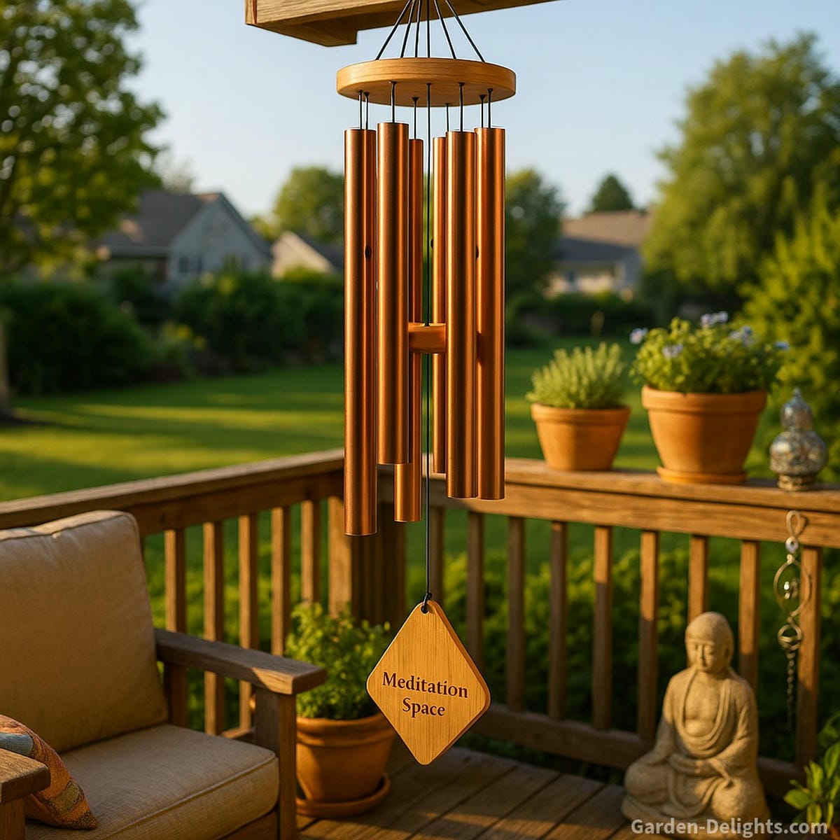 copper wind chimes glowing in sunlight with steady airflow