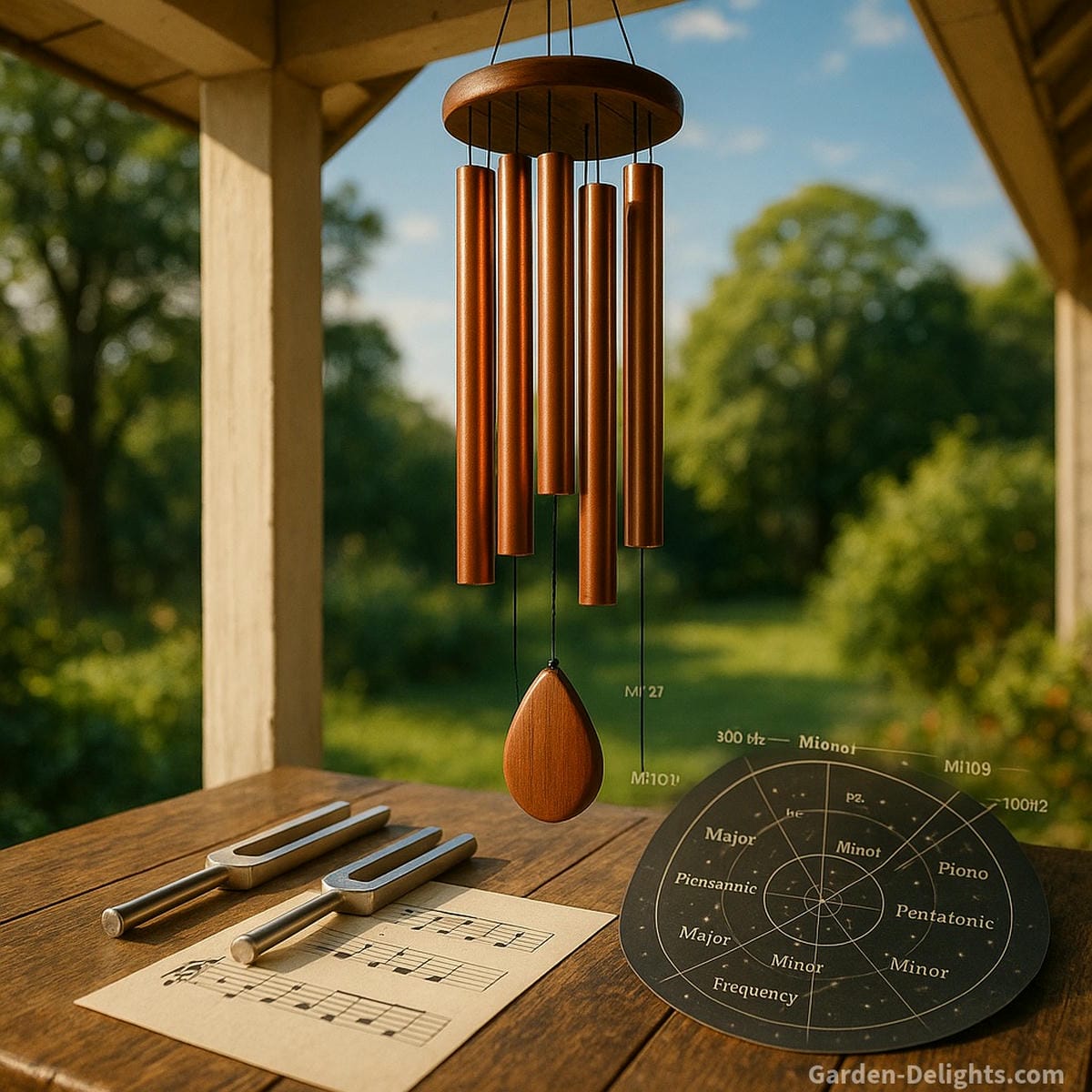 Custom-tuned copper wind chimes on a sunny porch with musical scales, tuning forks, and a star map showing planetary frequency tuning in pentatonic, major, and minor keys for meditation gardens, feng shui harmony, and sound therapy