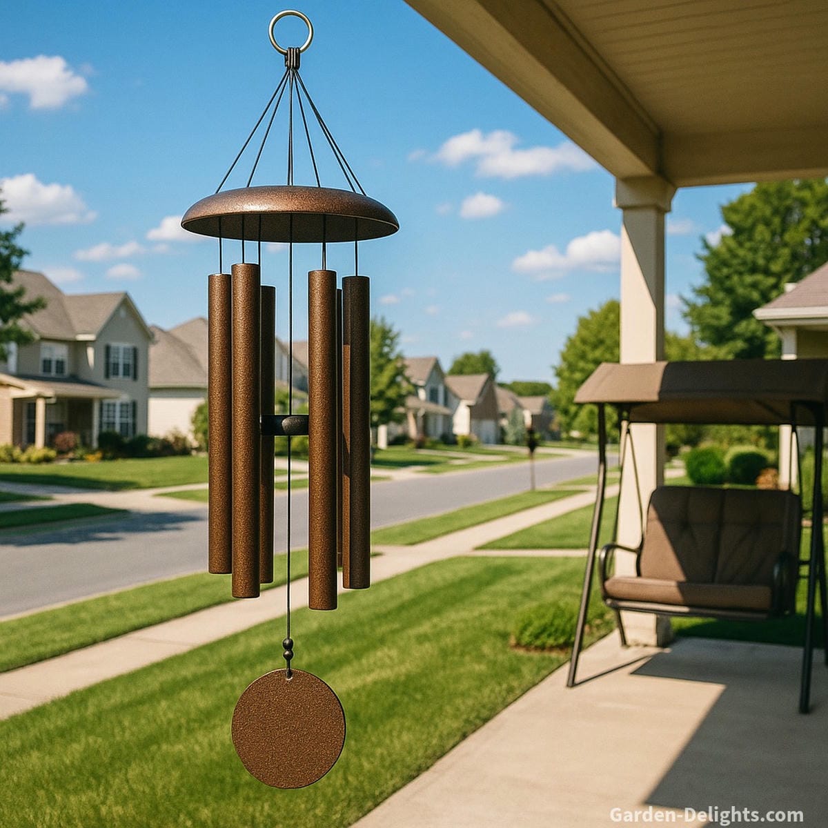 copper wind chimes tuned for deep resonance on porch