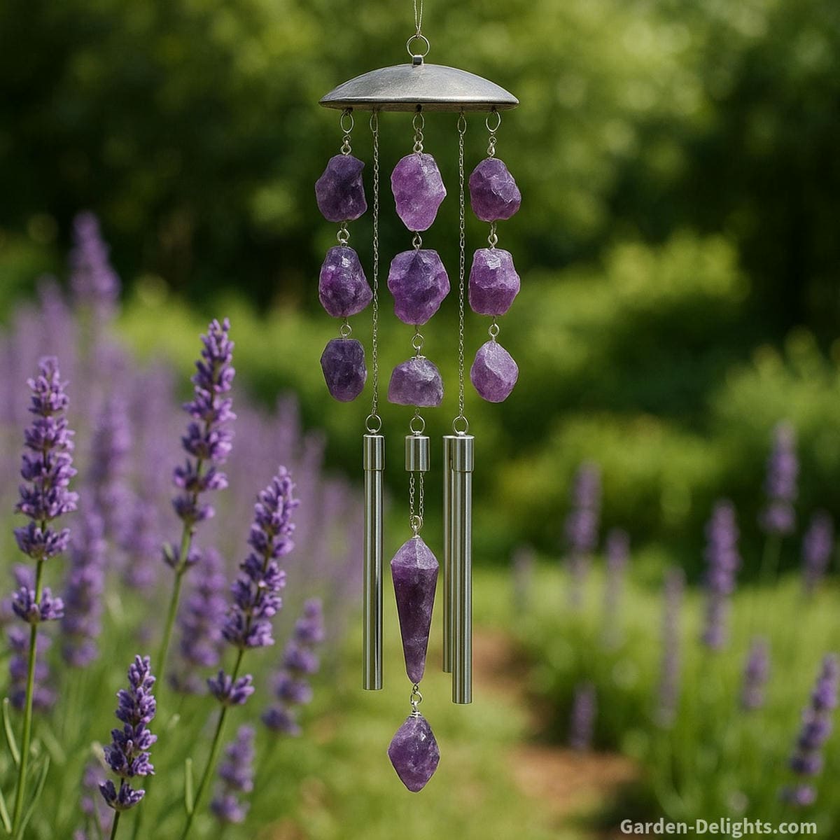 Amethyst crystal wind chime with raw purple stones and silver accents gently swaying near lavender blooms symbolizing spiritual protection, emotional clarity, and crown chakra healing in a serene outdoor setting