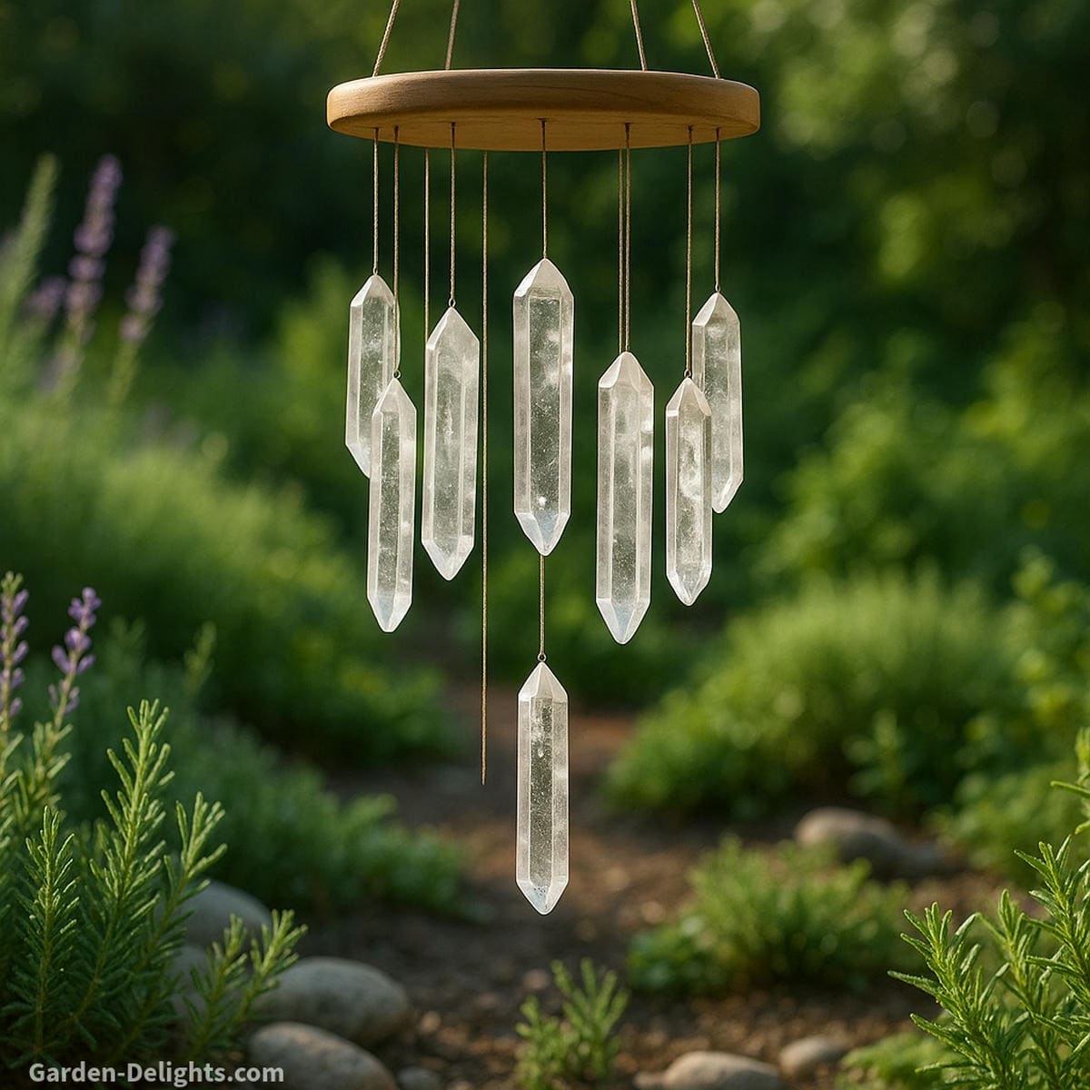 Clear quartz crystal wind chime with translucent points glistening in sunlight, suspended over a meditative garden filled with herbs and stones symbolizing clarity, vibration healing, and chakra alignment