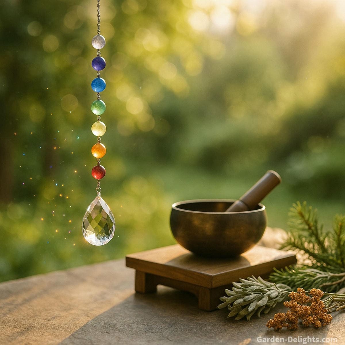 Rainbow chakra crystal wind chimes sparkling under sunlight beside a meditation altar and seasonal herbs symbolizing light healing, emotional harmony, and Feng Shui energy flow