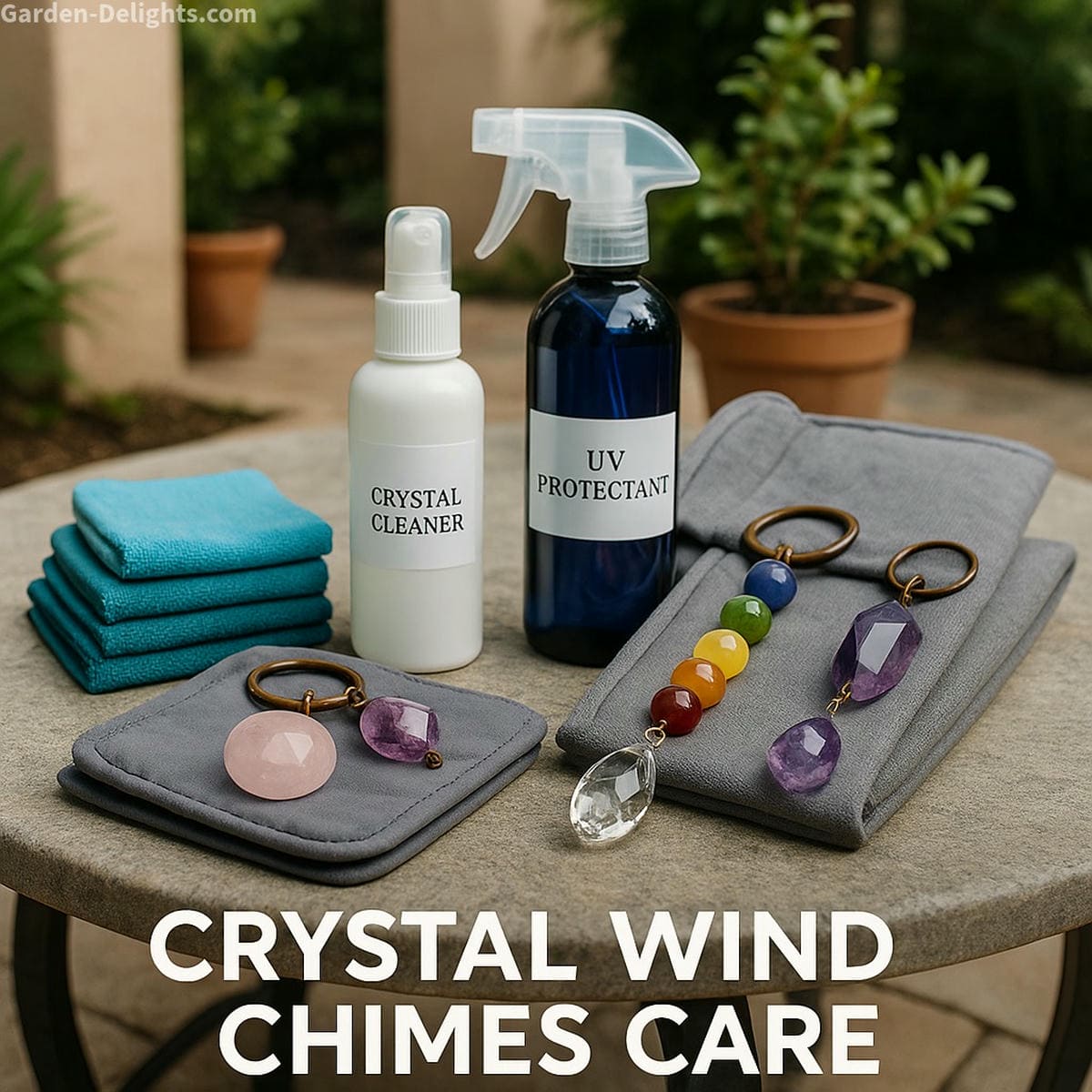 Crystal wind chime cleaning tools displayed on a calm patio station microfiber cloths, crystal-safe sprays, UV protectants, and padded storage wraps for protecting quartz, amethyst, and chakra stones