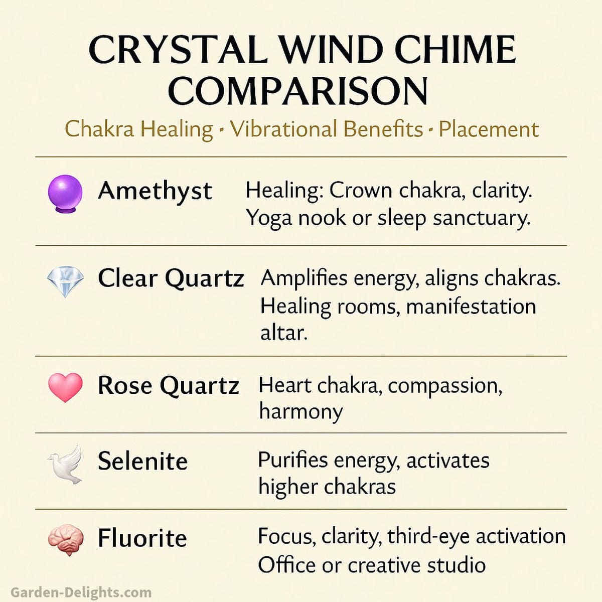 Crystal wind chime comparison chart displaying amethyst, clear quartz, rose quartz, selenite, and fluorite showing chakra healing benefits, vibrational resonance, and ideal spiritual placement for meditation, Feng Shui, and energy-aligned home décor.
