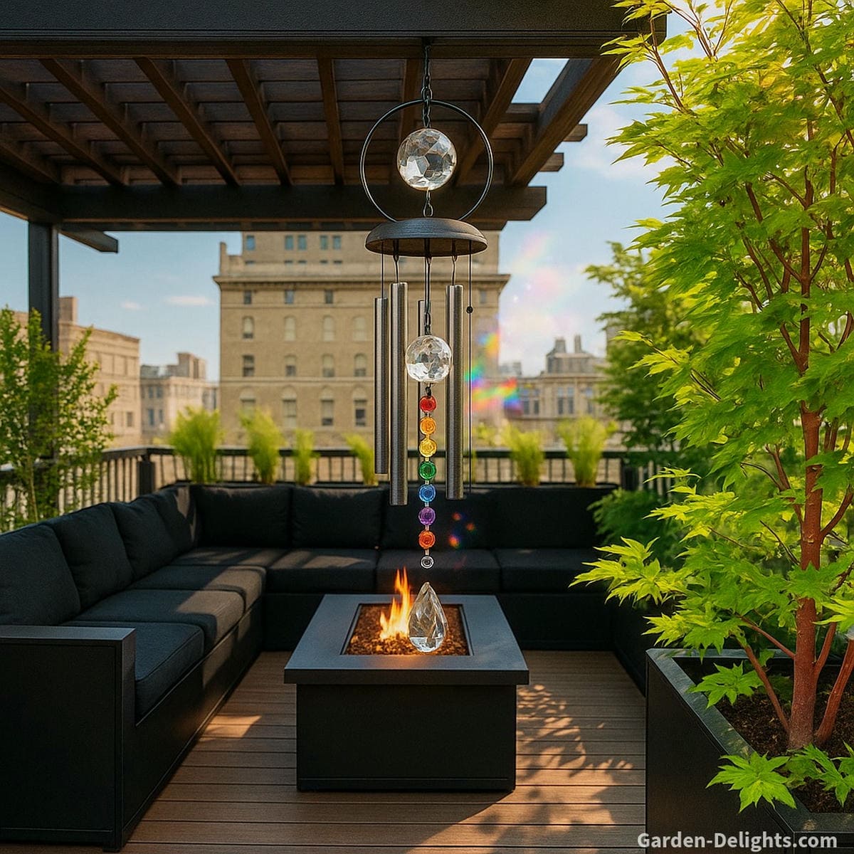 Crystal wind chimes hanging beneath a rooftop pergola above a modern black lounge and fire table casting rainbow prisms and enhancing Feng Shui energy, emotional clarity, and nighttime ambiance