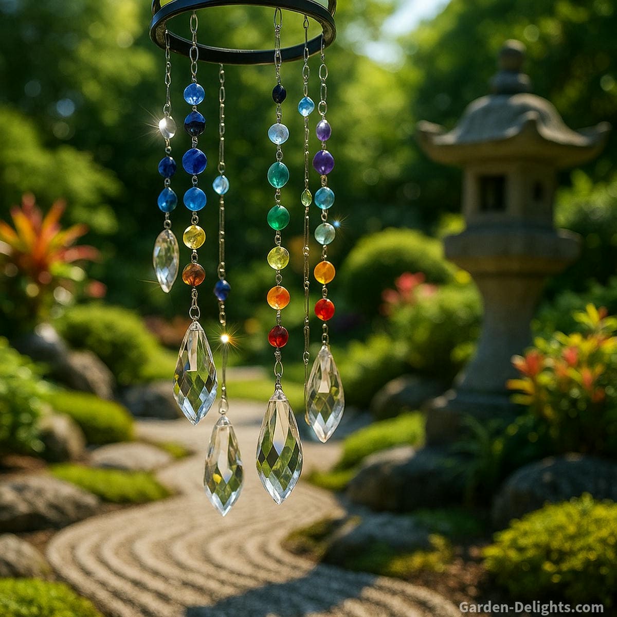 Crystal wind chimes with chakra-colored gemstones sparkling in a radiant Zen garden symbolizing emotional balance, Chi alignment, and spiritual energy flow through light and sound