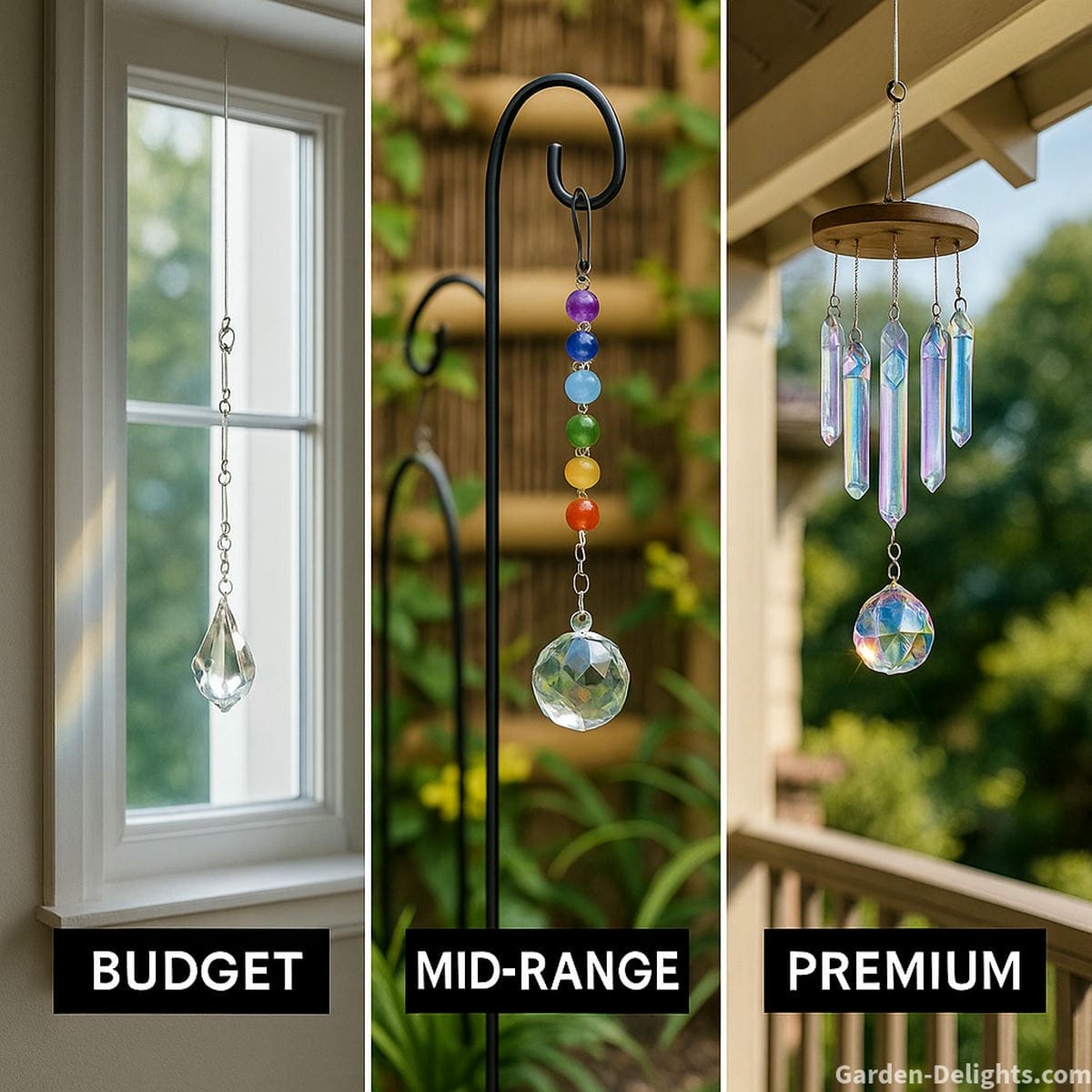 Crystal wind chimes displayed in cost tiers budget quartz prisms in windows, mid-range chakra sets in meditation gardens, and premium aura crystal chimes on porches symbolizing healing energy, emotional clarity, and Feng Shui alignment