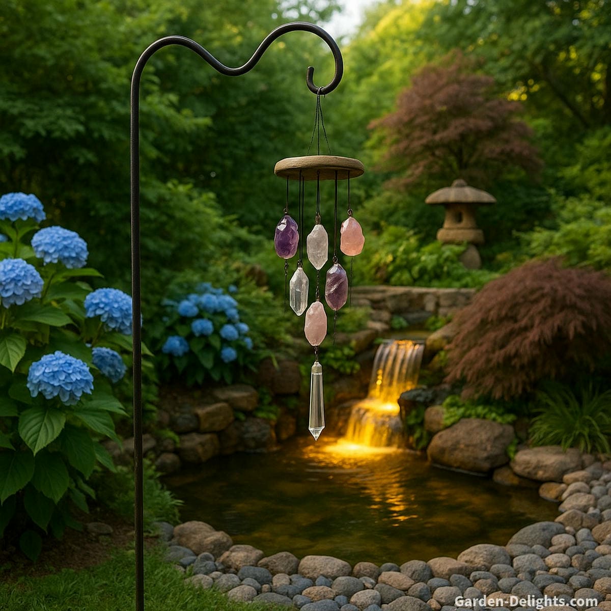 Crystal wind chimes made from amethyst, rose quartz, and clear quartz hanging from a shepherd’s hook in a twilight garden overlooking a glowing waterfall, blue hydrangeas, and tranquil pond energy for chakra balance and emotional healing