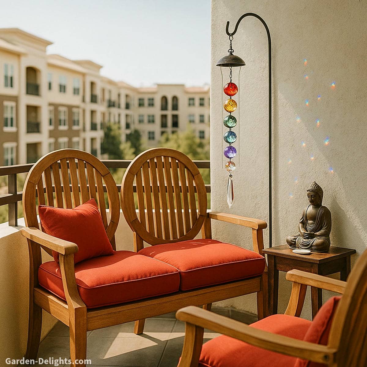 Crystal chakra wind chimes hanging from a small shepherd’s hook on a serene balcony with red-cushioned wooden chairs, overlooking modern apartments and trees casting rainbow prisms, promoting Feng Shui harmony, and elevating emotional healing through reflective light and soft sound.