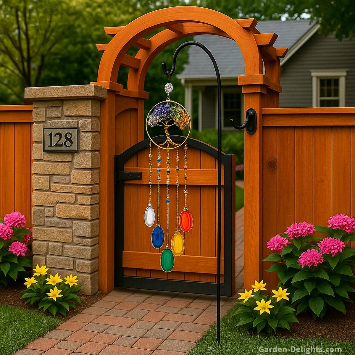 Crystal wind chimes hanging from a shepherd’s hook beside a wooden garden gate radiating rainbow prisms, chakra healing, and spiritual Feng Shui harmony with pink and yellow flowers in a peaceful yard