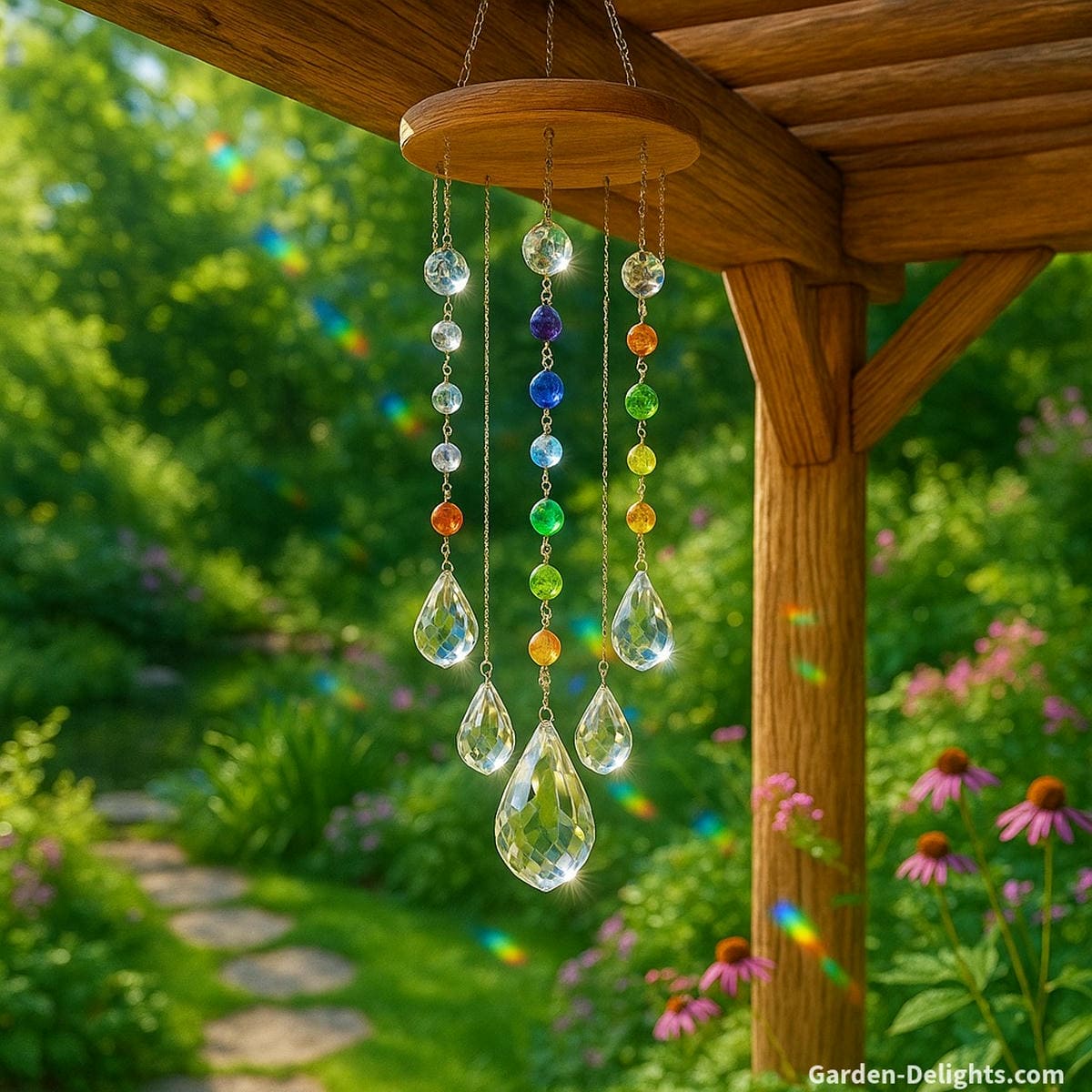 Crystal wind chimes with faceted stones hanging from a wooden pergola refracting light, balancing chakra energy, and casting gentle sound waves in a peaceful healing garden