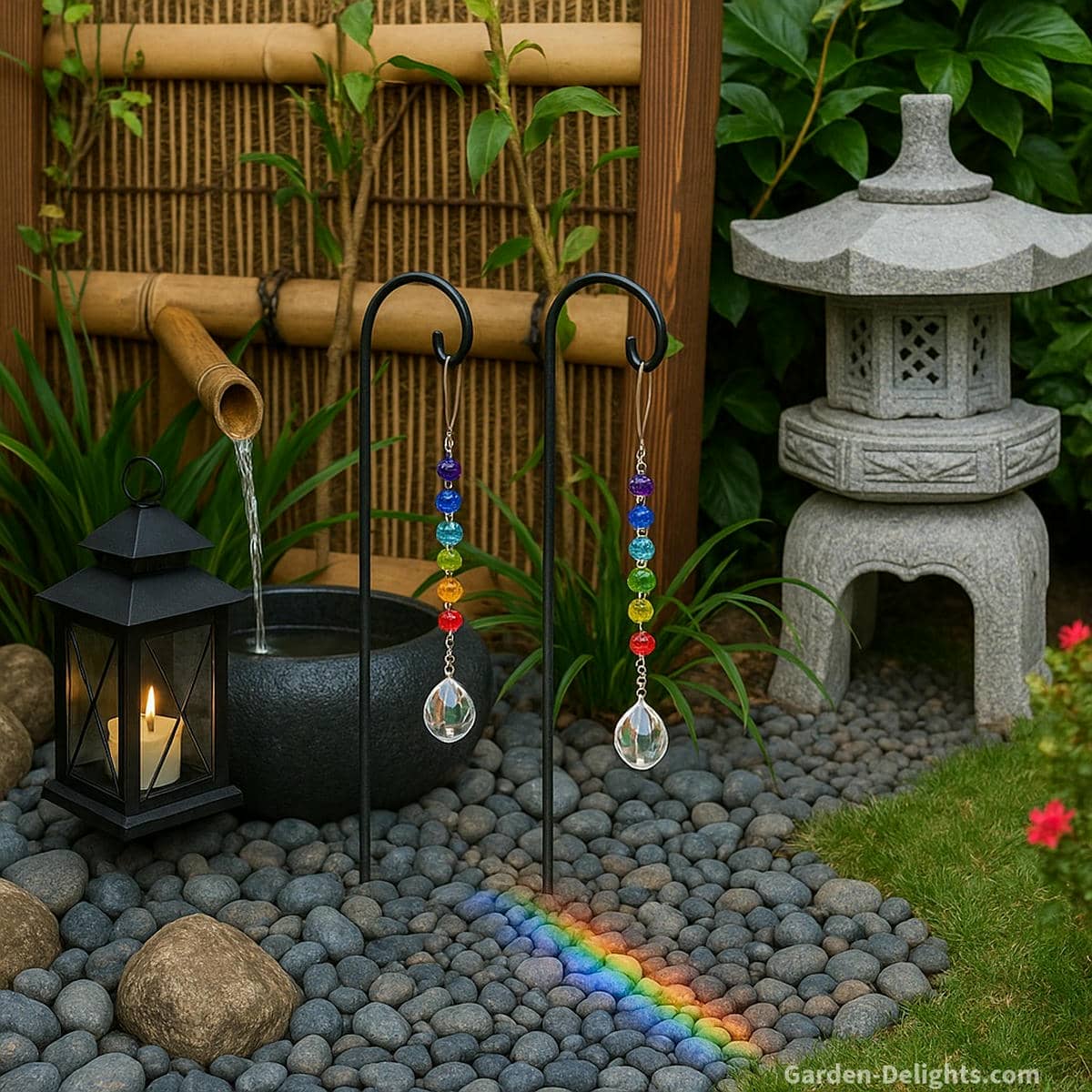 Two crystal chakra wind chimes hanging on shepherd's hooks beside a Japanese water fountain with a bamboo spout and stone lantern rainbow prisms reflecting across the healing meditation garden
