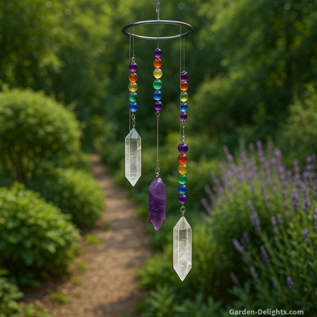 Crystal wind chimes made from quartz, amethyst, and chakra stones hanging near a healing garden pathway with herbs and lavender symbolizing light resonance, energy alignment, and sacred sound healing