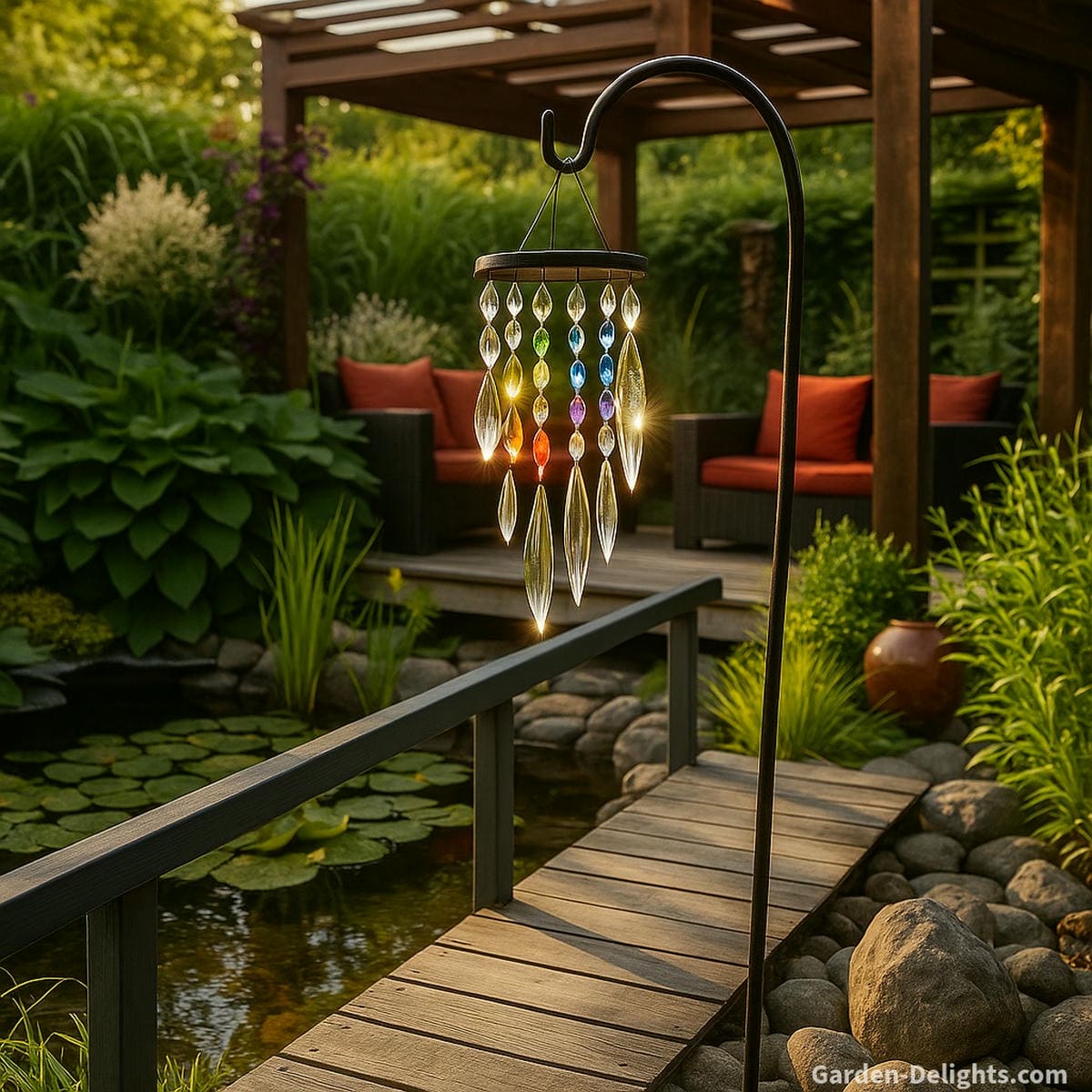 Crystal wind chimes hanging from a shepherd’s hook beside a tranquil koi pond casting rainbow prisms and symbolizing chakra healing, spiritual energy flow, and sound therapy in a serene garden sanctuary