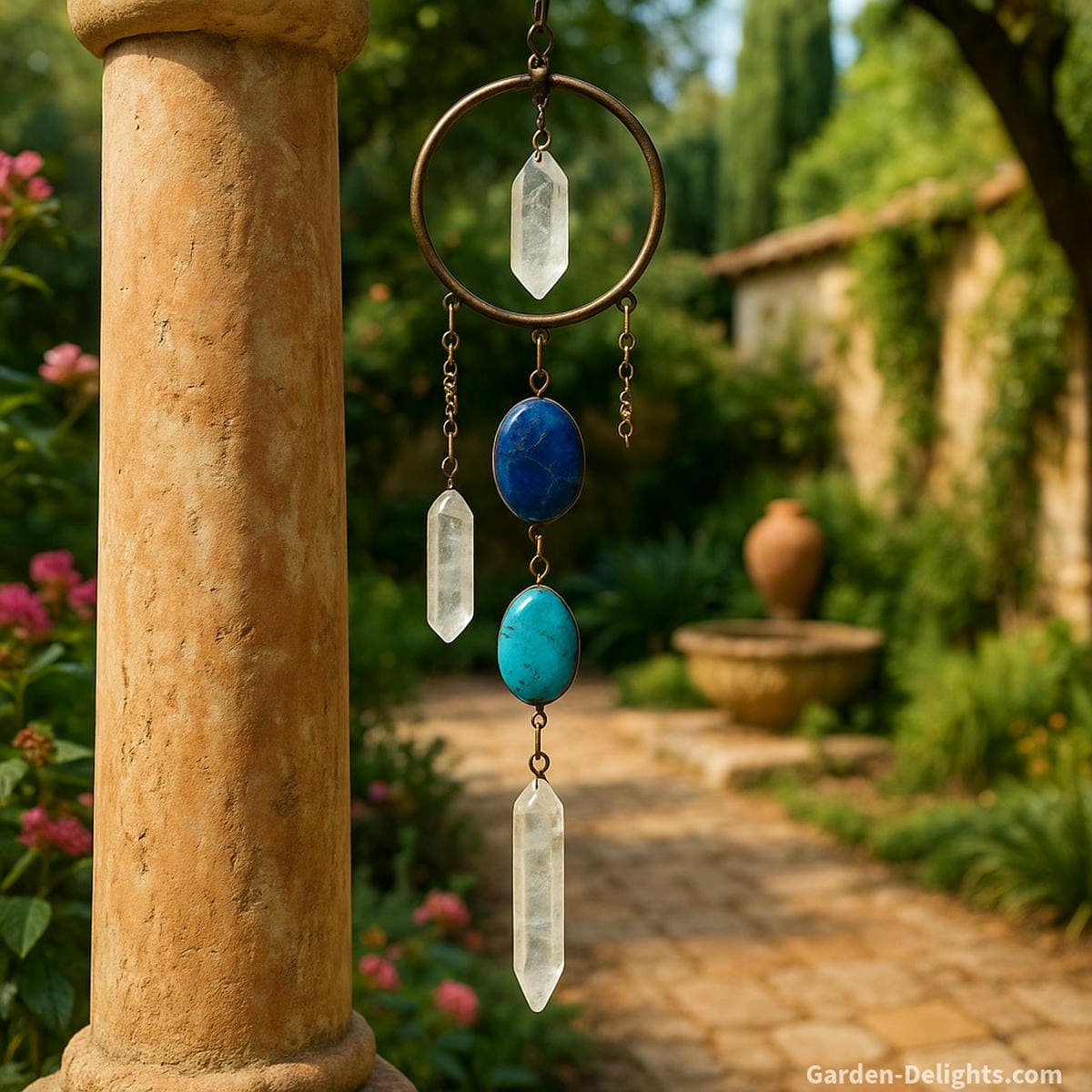 Crystal wind chimes made with quartz, lapis lazuli, and turquoise hanging beside a clay column in a peaceful Mediterranean-style ritual garden evoking ancient Egyptian and Greco-Roman healing practices through sound and sacred geometry