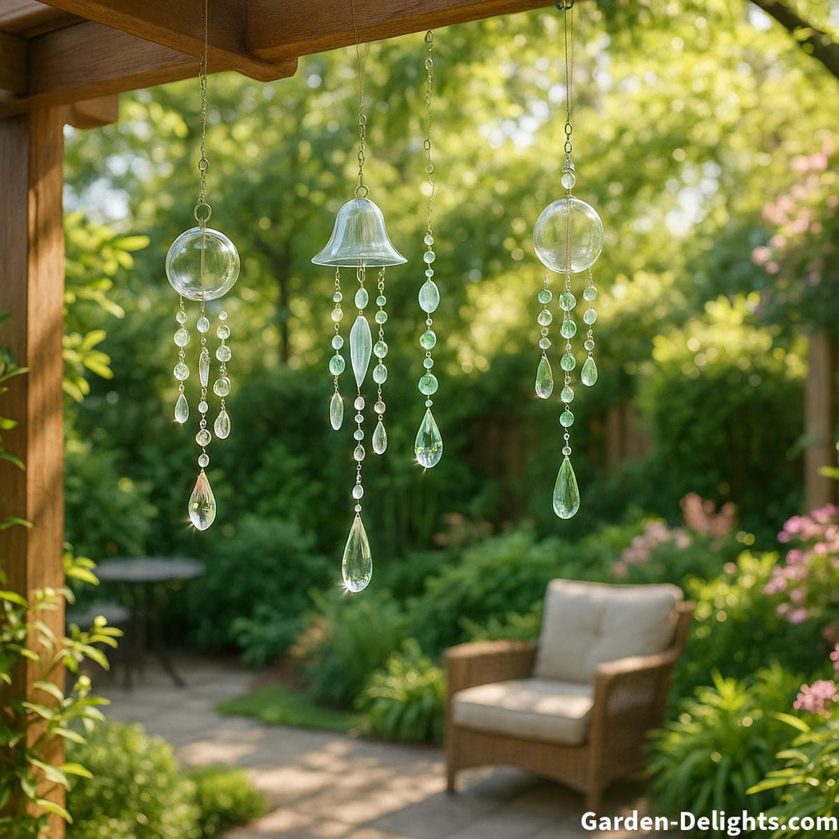 Crystal wind chimes sparkling with rainbow light reflections, symbolizing healing clarity, spiritual resonance, and decorative elegance in garden or meditation spaces.