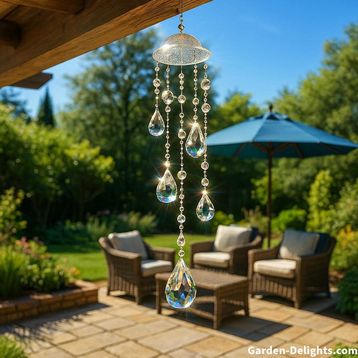 crystal wind chimes casting prism light in garden airflow