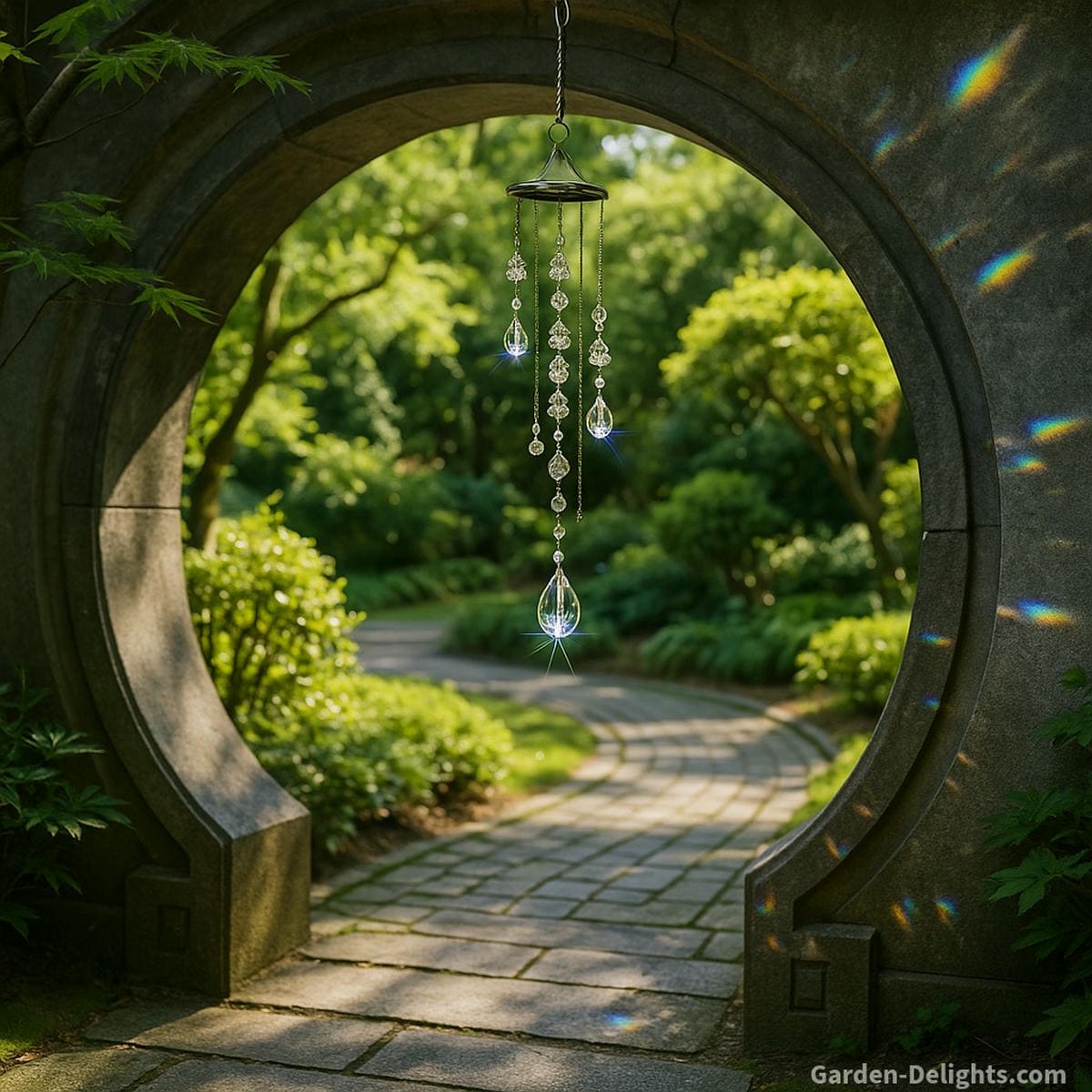 Crystal wind chimes sparkling under a moon gate in a Feng Shui garden radiating prism light, balancing Chi flow, and harmonizing chakra energy through circular movement and sacred sound