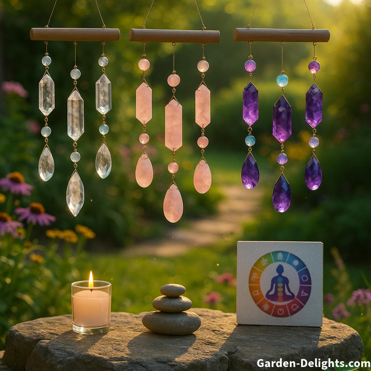 Square image of clear quartz, amethyst, and rose quartz wind chimes sparkling in a peaceful garden meditation space with soft light and healing energy tools