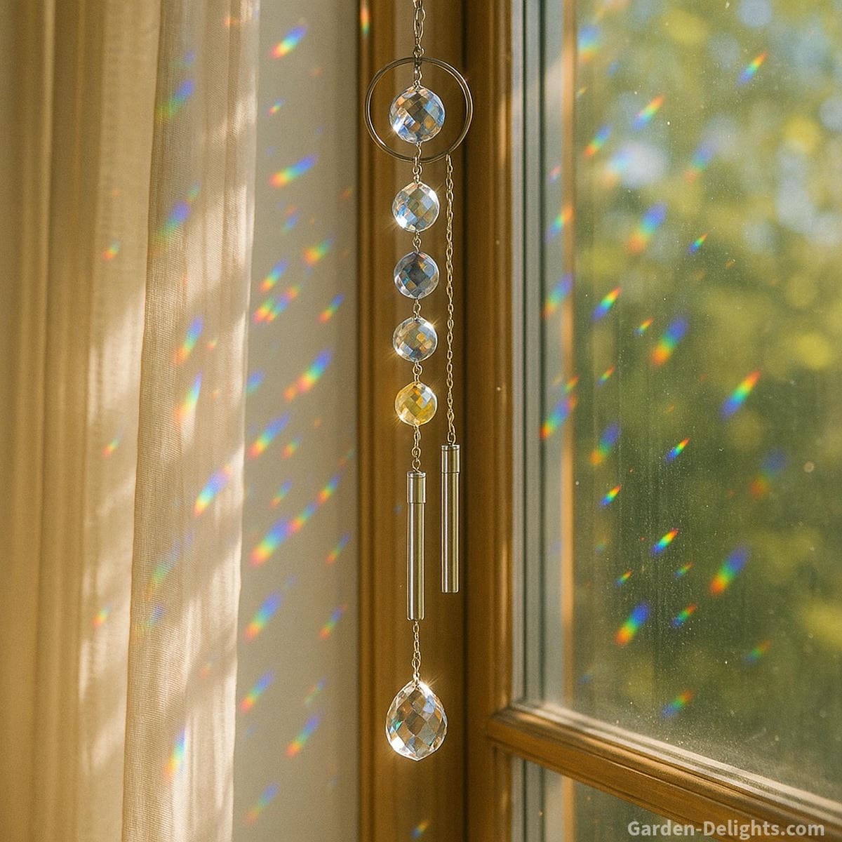 Rainbow prism wind chimes made of faceted crystals hanging in a sunlit window, casting vibrant light beams and soft tones symbolizing clarity, chakra alignment, and elevated mood