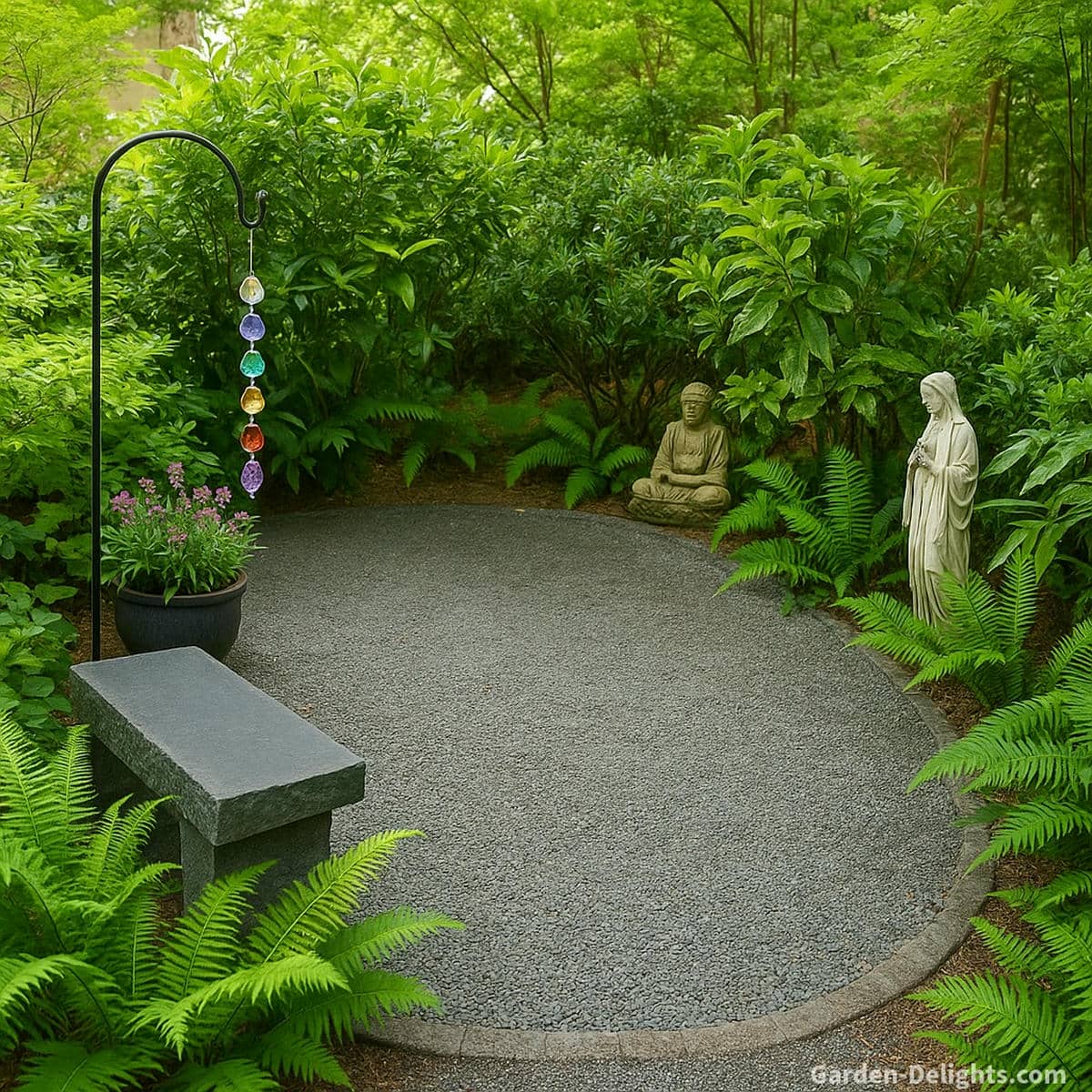 Crystal wind chimes glistening near a stone bench in a Zen healing garden radiating chakra-aligned prism colors, emotional balance, and seasonal Feng Shui harmony through reflective light and gentle sound
