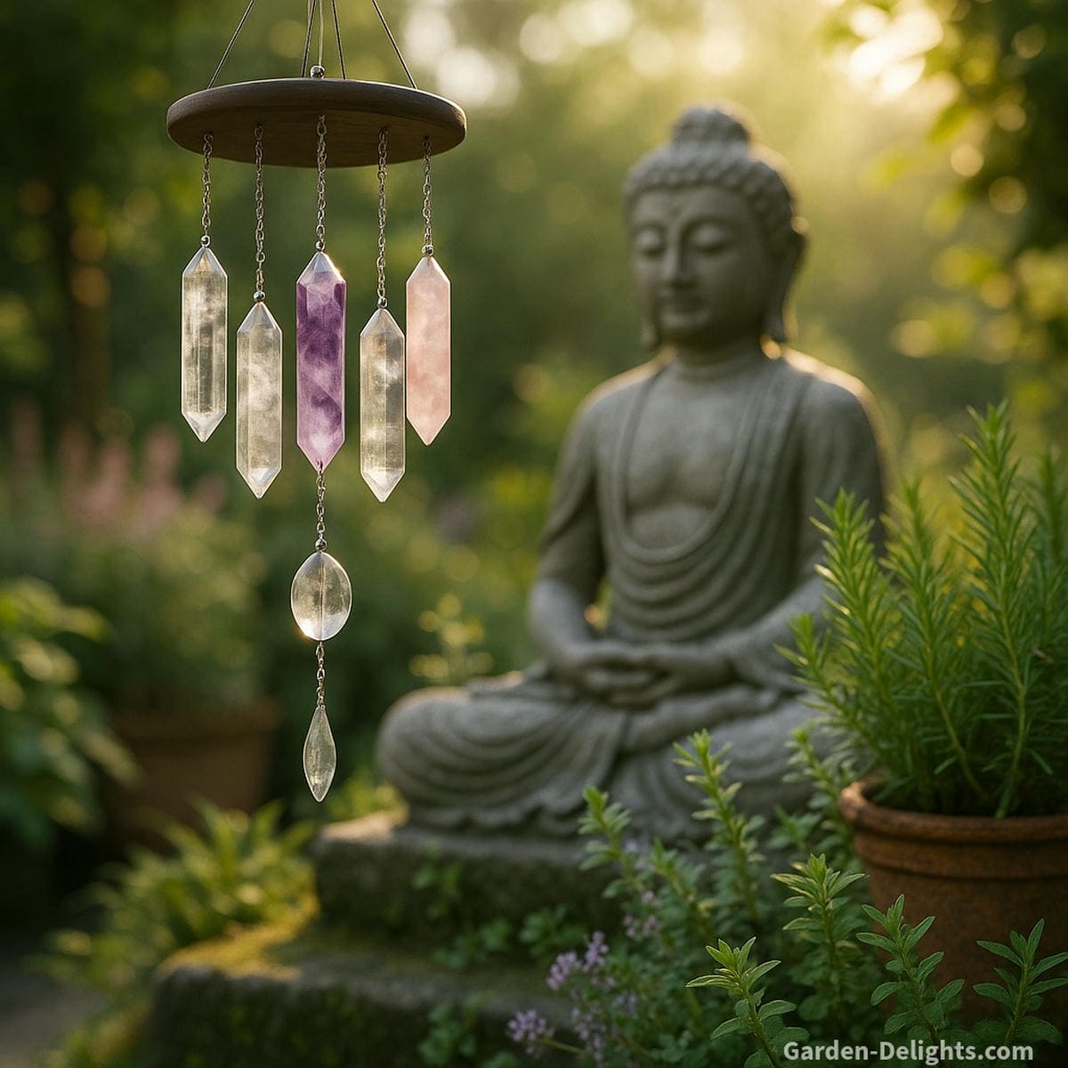 Crystal wind chimes made of clear quartz, amethyst, and rose quartz hanging near a tranquil Buddha statue and healing herbs in a meditative garden radiating energy flow, light harmony, and spiritual alignment