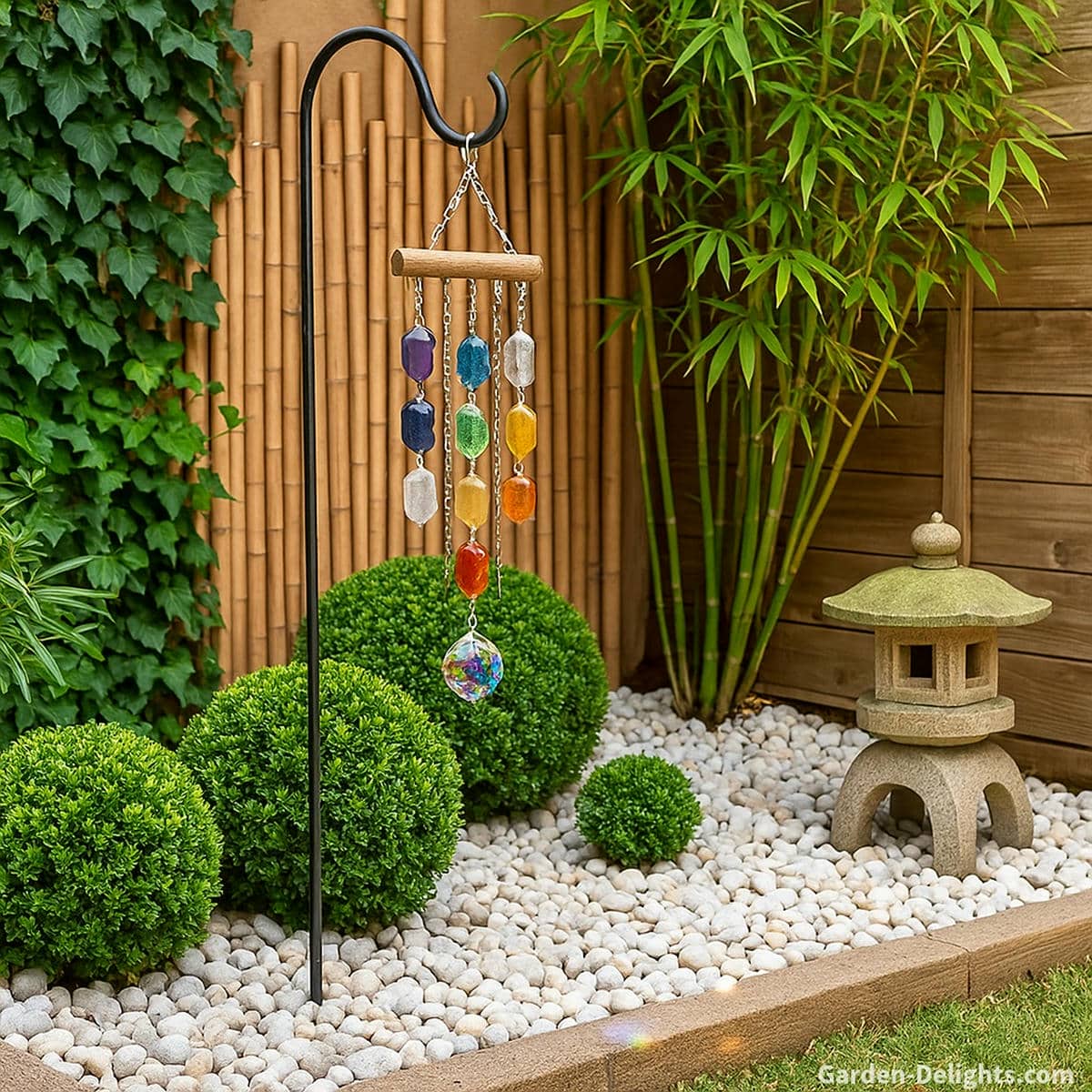 Chakra crystal wind chimes hanging from a shepherd’s hook in a realistic Zen garden with bamboo, a stone lantern, and white gravel symbolizing prism light therapy, emotional healing, and Feng Shui balance