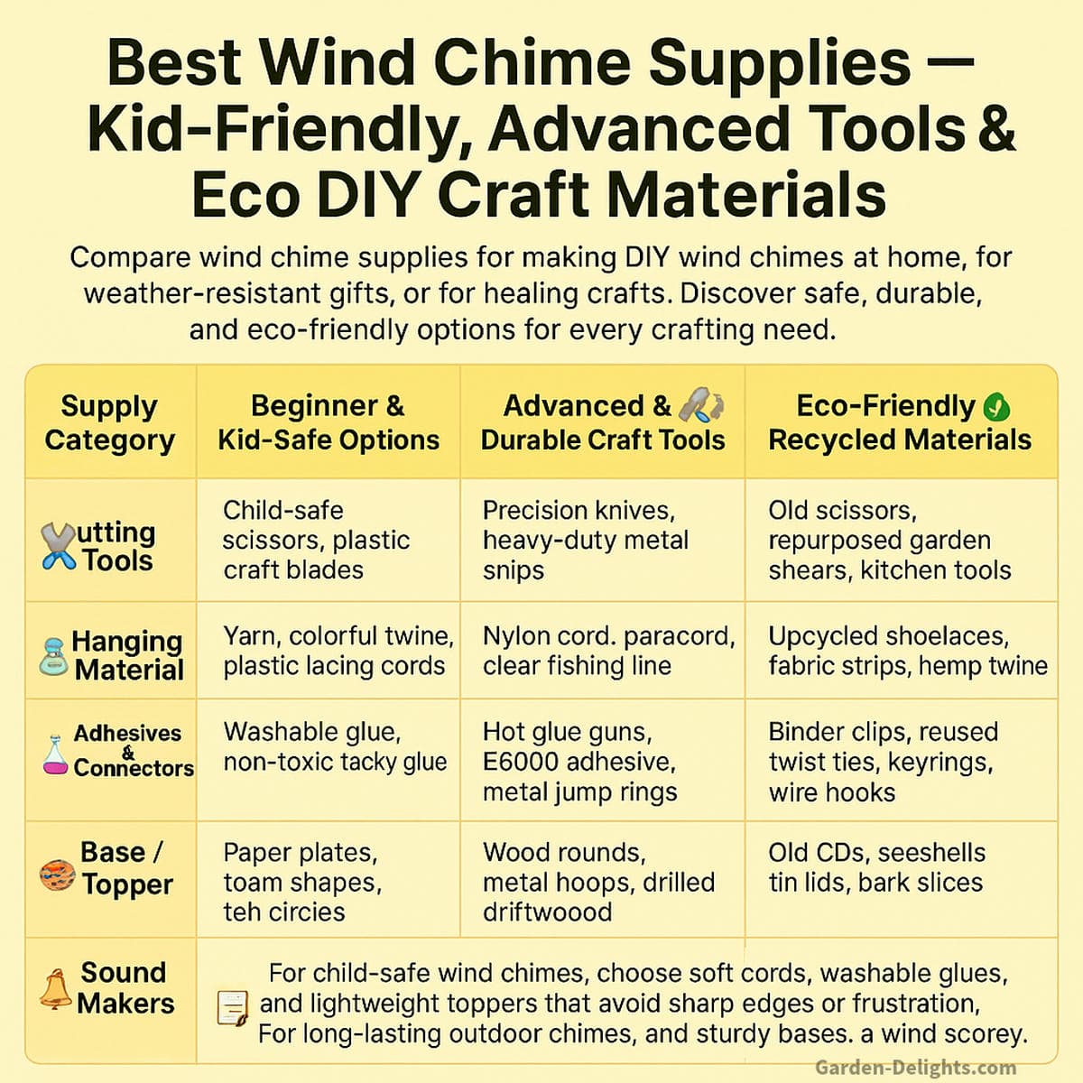 DIY wind chime supplies comparison chart showing essential wind chime craft tools including scissors cordage craft glue connectors drilling tools and layout tools used for homemade wind chime projects and classroom STEAM crafts