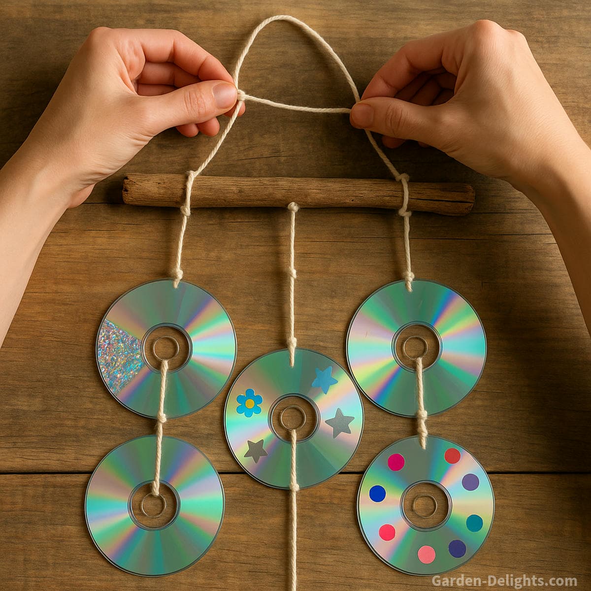 DIY recycled CD wind chime assembly showing how to string reflective compact discs with twine and space them evenly before attaching to a wooden dowel for a Capiz style sun catcher wind chime craft