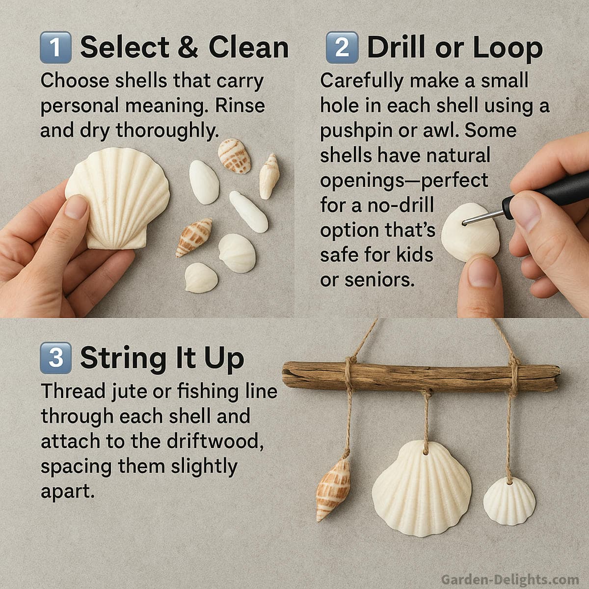 step by step DIY seashell wind chime tutorial showing driftwood seashell wind chime craft materials shells twine fishing line and layout for coastal wind chime project