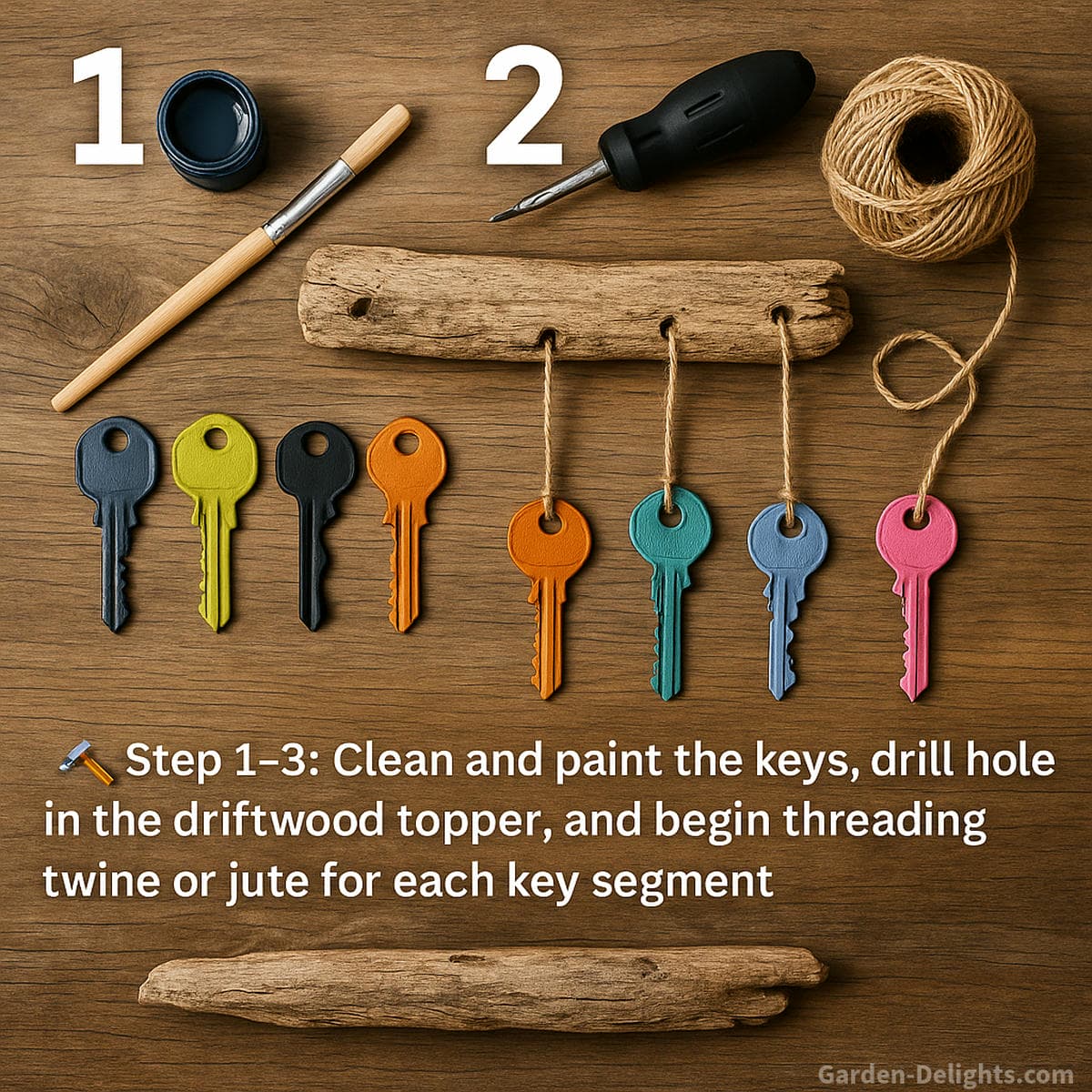 step by step DIY upcycled key wind chime project showing painted recycled house keys driftwood hanger and twine assembly for handmade wind chime craft