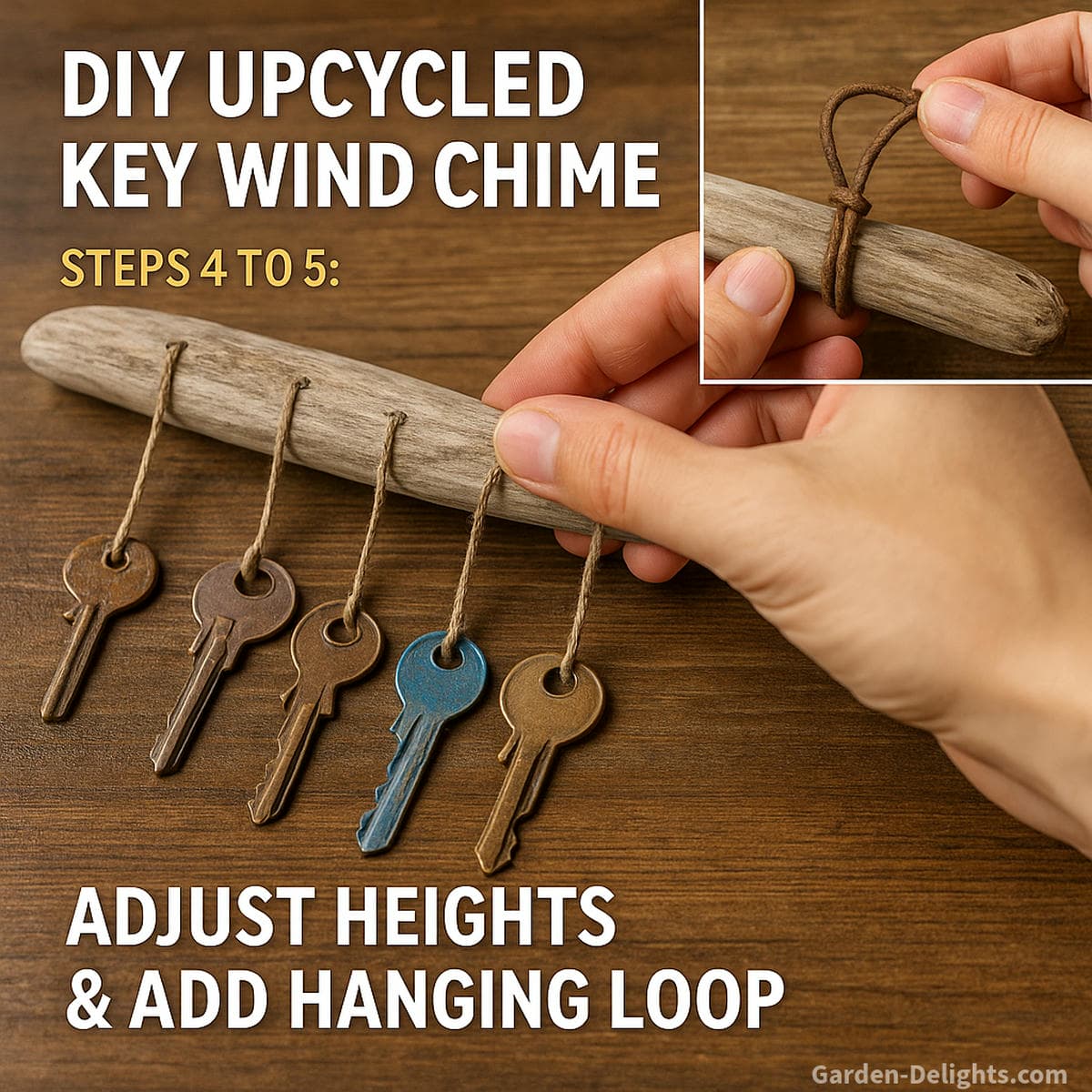 DIY upcycled key wind chime final assembly showing recycled keys attached with twine, staggered string lengths, and top hanging loop on a driftwood wind chime hanger