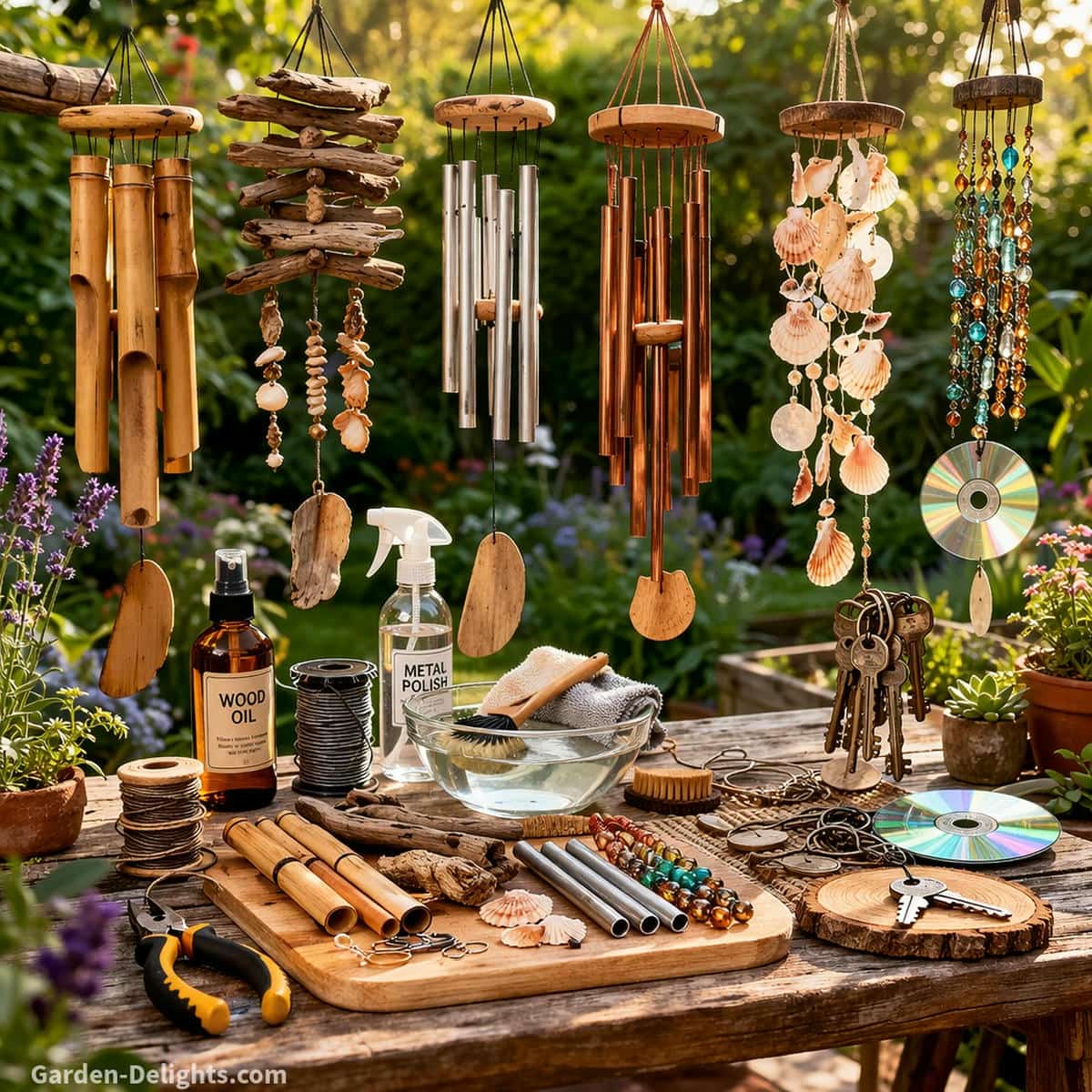 DIY wind chime care by material setup showing bamboo wood driftwood chimes metal aluminum copper tubes shell and bead chimes and recycled key and CD wind chimes arranged on a garden table with nylon cord connectors and repair tools representing emotional care preservation Feng Shui airflow balance and restoring soft calming sound in outdoor patio garden spaces