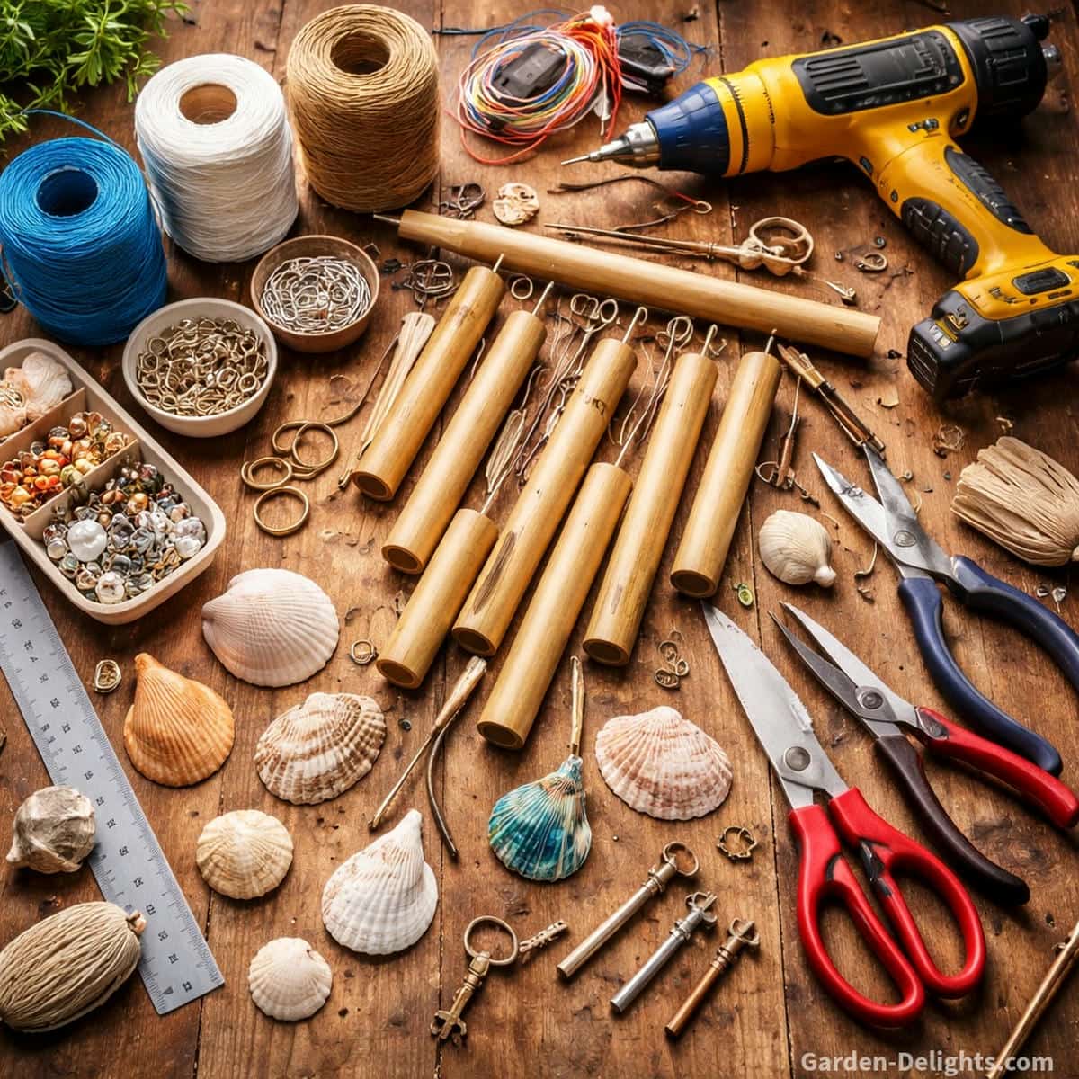 DIY wind chime supplies and craft tools arranged on a wooden crafting table including nylon cord fishing line craft scissors drill tools jump rings bamboo pieces shells and recycled keys creating a peaceful hands on wind chime building workspace for classroom STEAM learning projects family craft time and calming garden wind chime creation